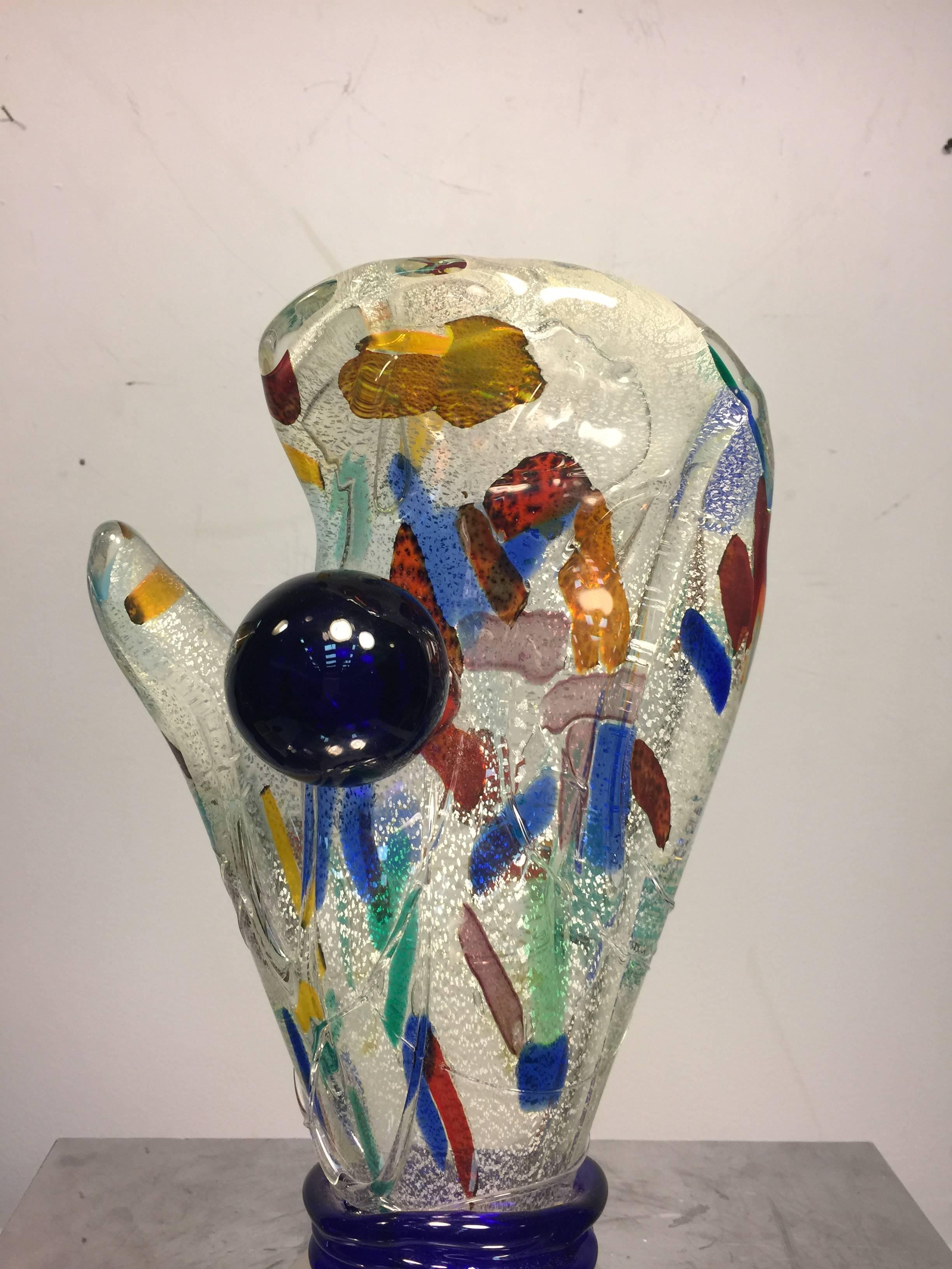A magnificent, Modernist, Murano Glass, catcher's mitt and ball with fantastic colors, circa 1970. Great gift for any sports, or baseball enthusiast. Retains its original, 