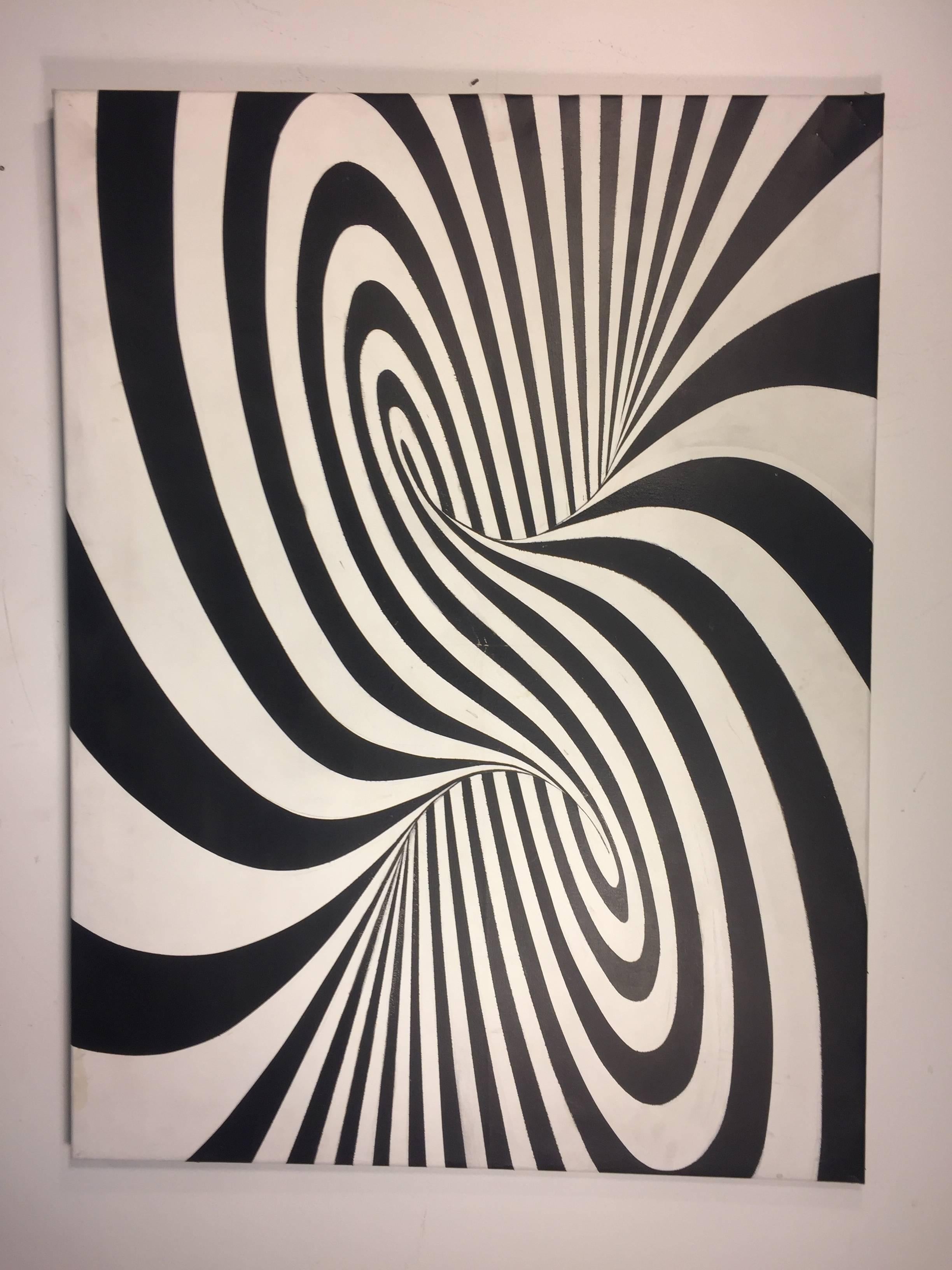 A dramatic modernistic, Op Art, black and white zebra pattern oil on canvas in the manner of Victor Vasarely, circa 1980. Good vintage condition.