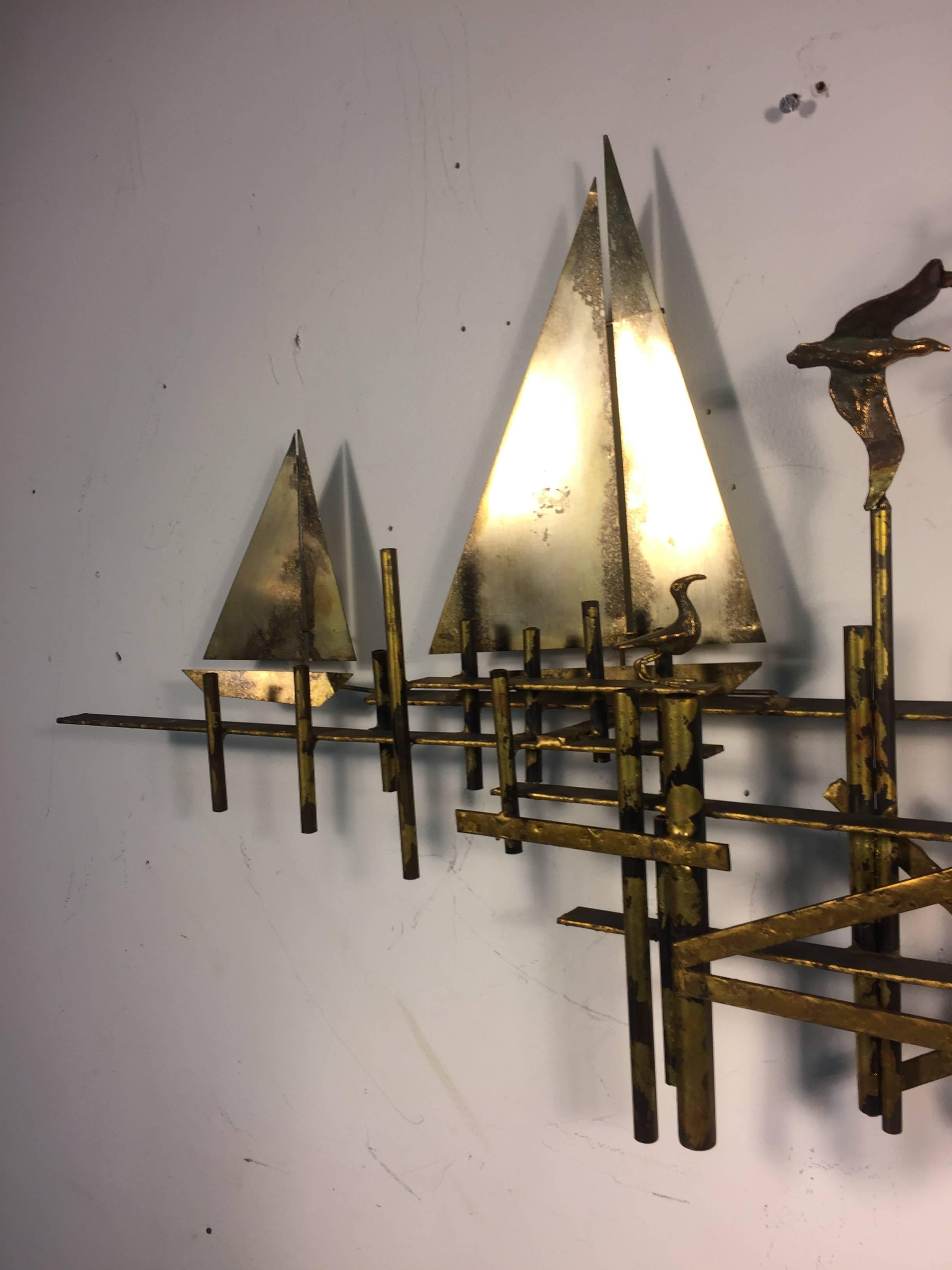 Modern Fantastic Brutalist Curtis Jere Wall Sculpture of Sailboats and Birds For Sale