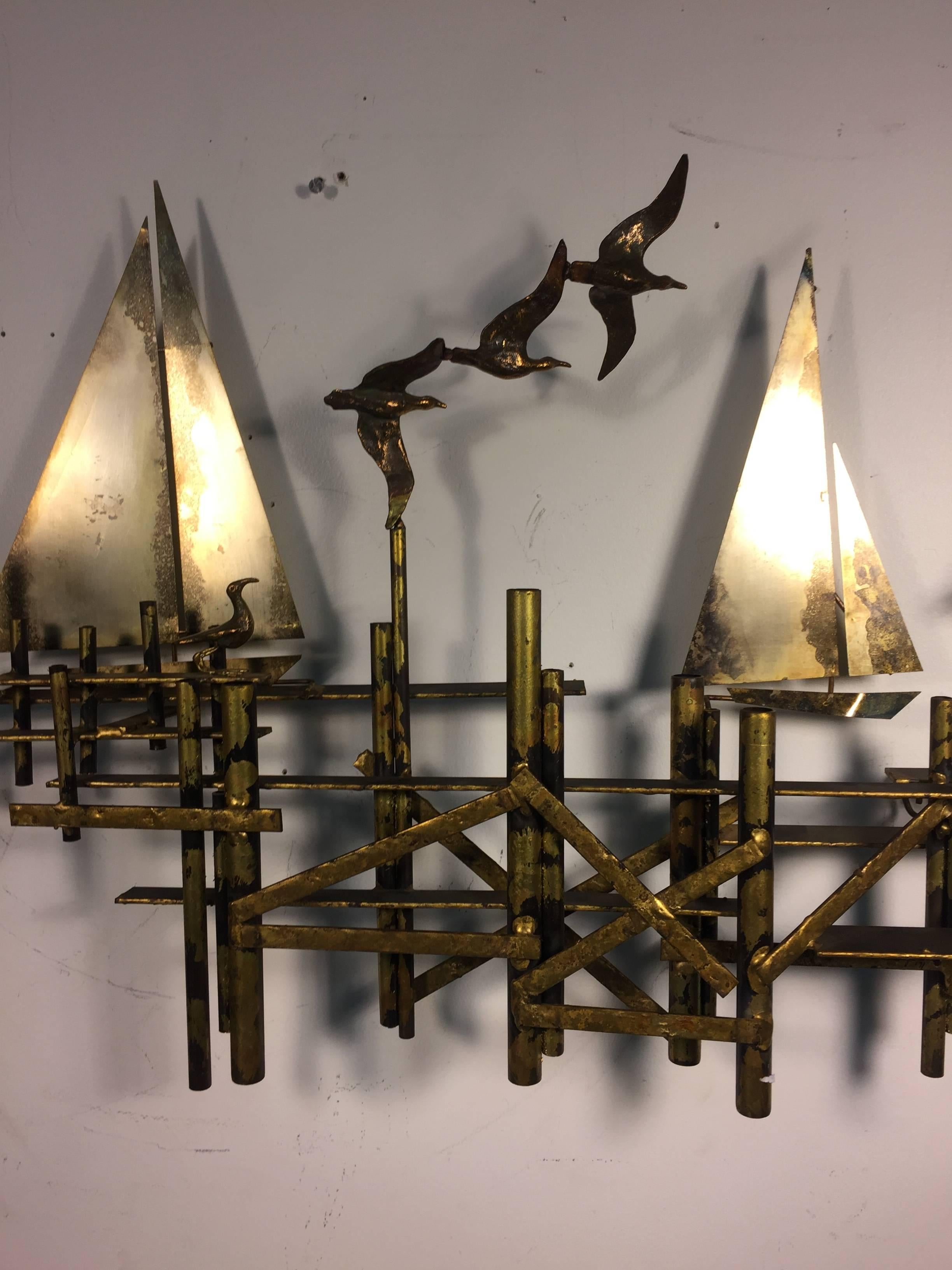 American Fantastic Brutalist Curtis Jere Wall Sculpture of Sailboats and Birds For Sale