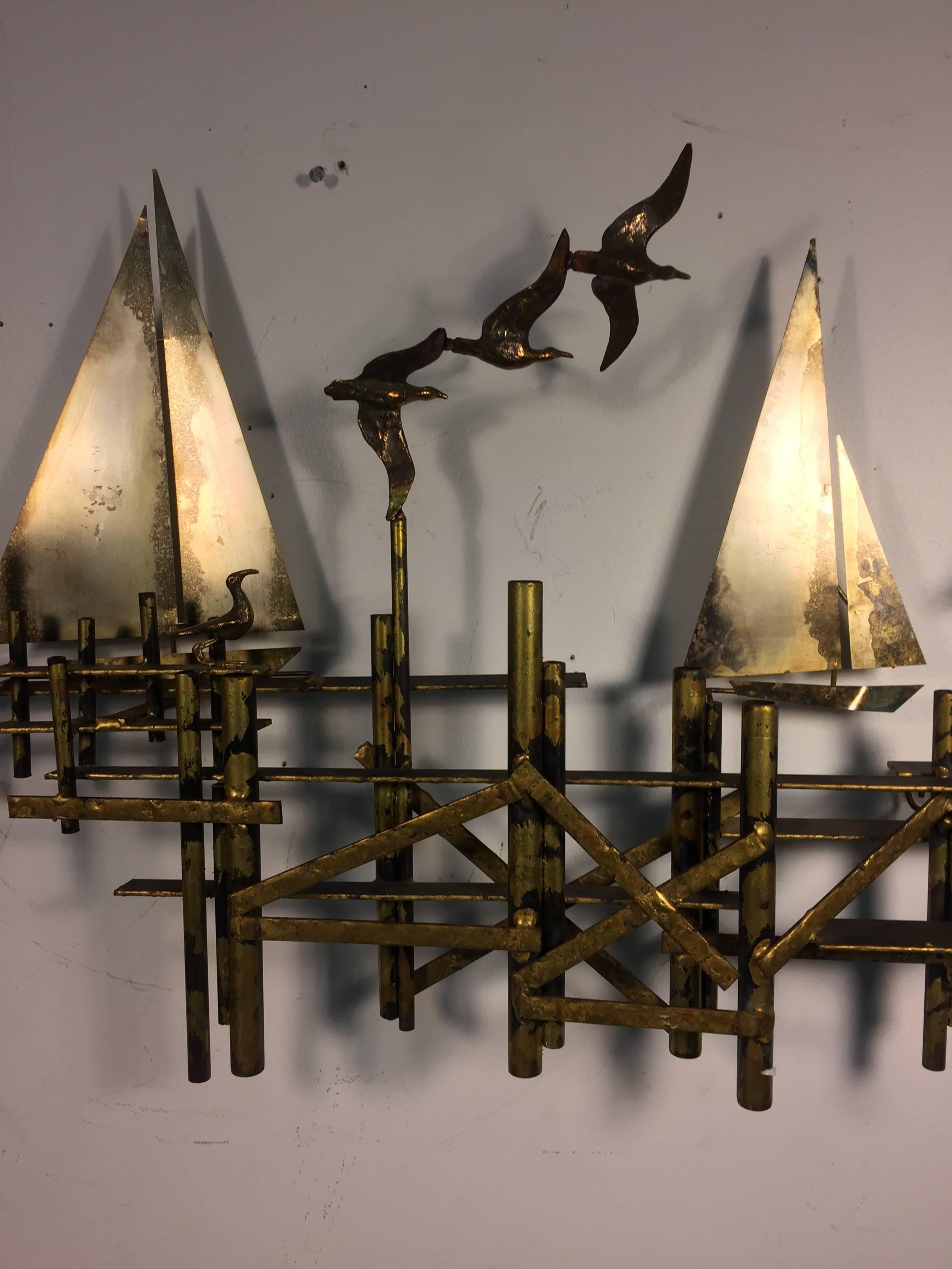 Brass Fantastic Brutalist Curtis Jere Wall Sculpture of Sailboats and Birds For Sale