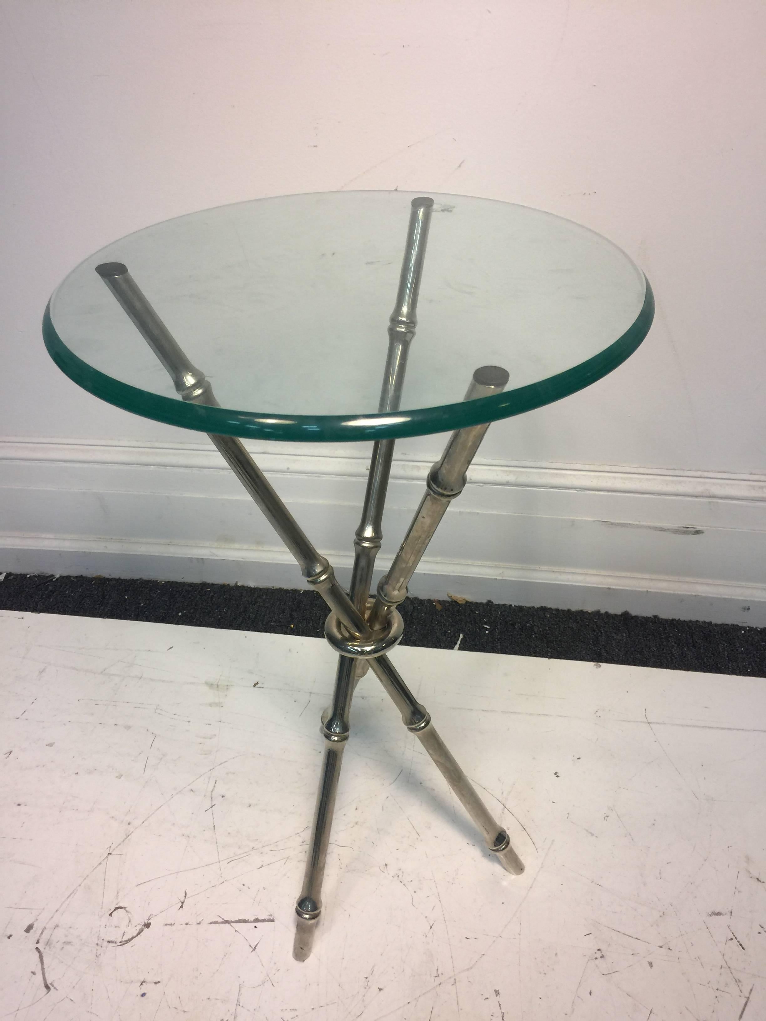 A beautiful, faux bamboo, Italian, chrome side table, or accent table, circa 1970. Good vintage condition.