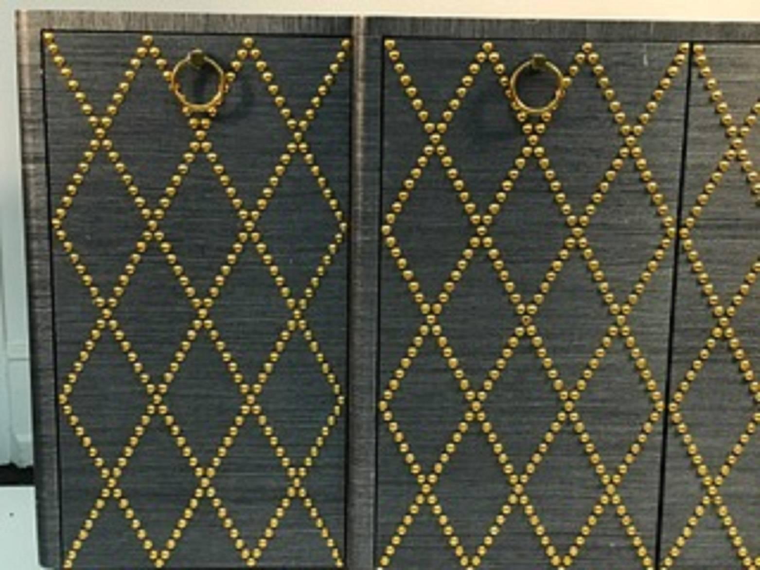 American Fabulous Grasscloth Gold Studded Cabinet in the Manner of Tommi Parzinger For Sale