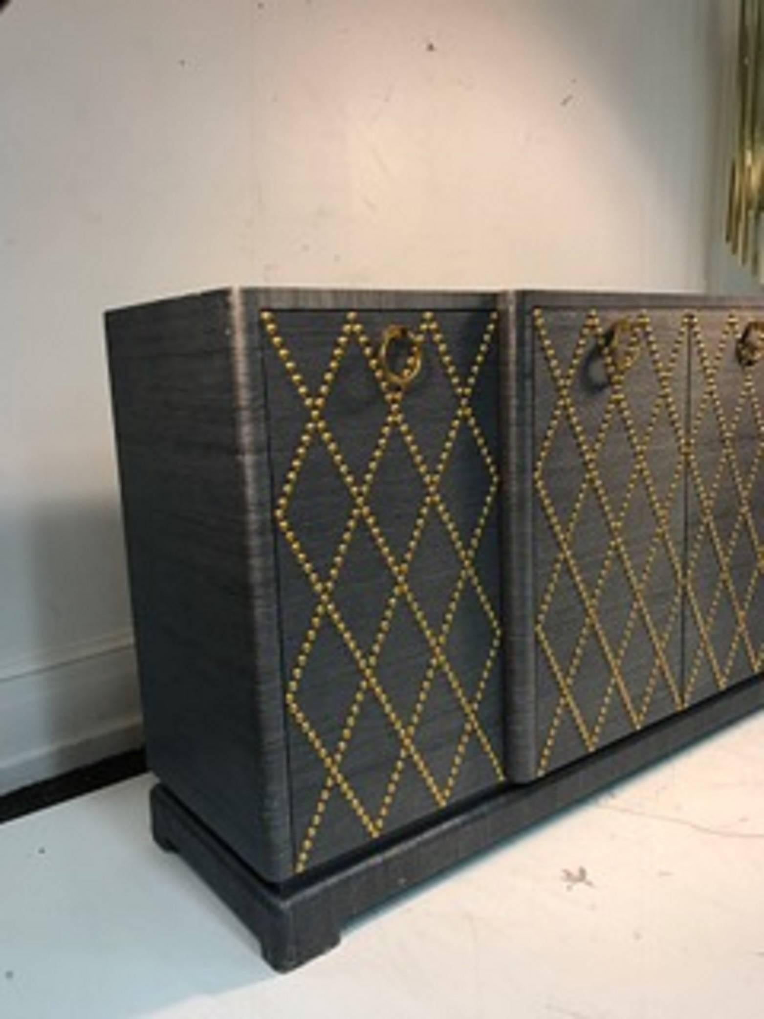 Modern Fabulous Grasscloth Gold Studded Cabinet in the Manner of Tommi Parzinger For Sale