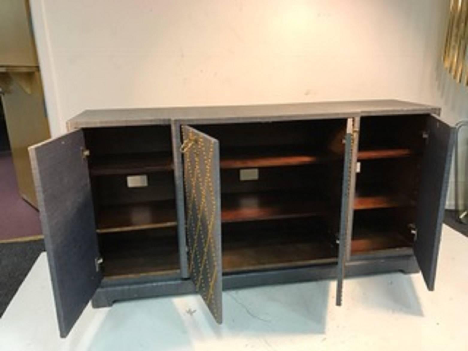 20th Century Fabulous Grasscloth Gold Studded Cabinet in the Manner of Tommi Parzinger For Sale