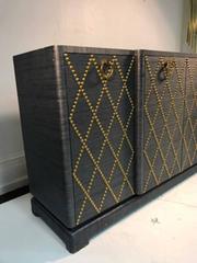 Fabulous Grasscloth Gold Studded Cabinet in the Manner of Tommi Parzinger
