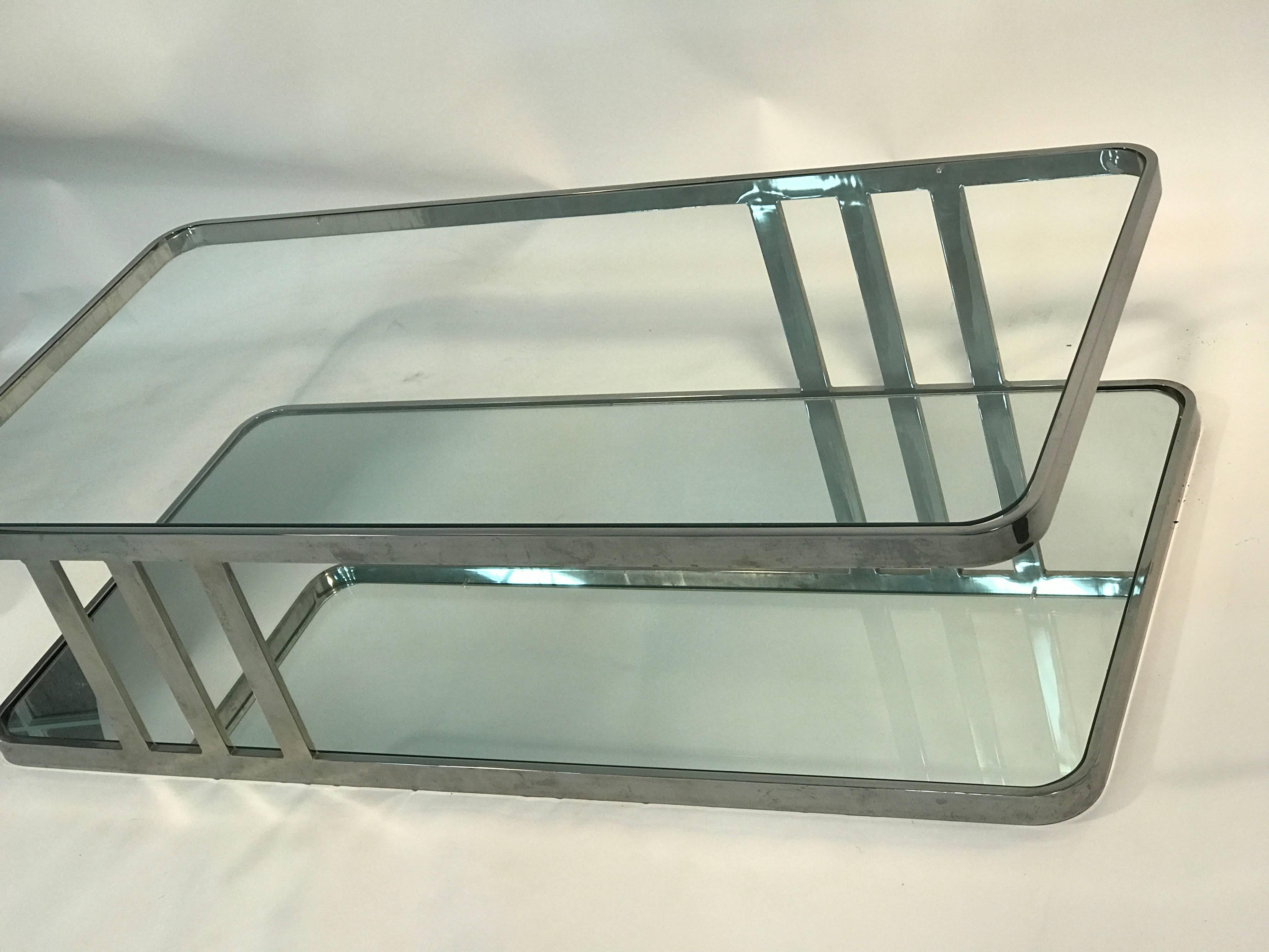Fantastic Chrome Table with Glass Top and Base in the Style of Milo Baughman For Sale 1