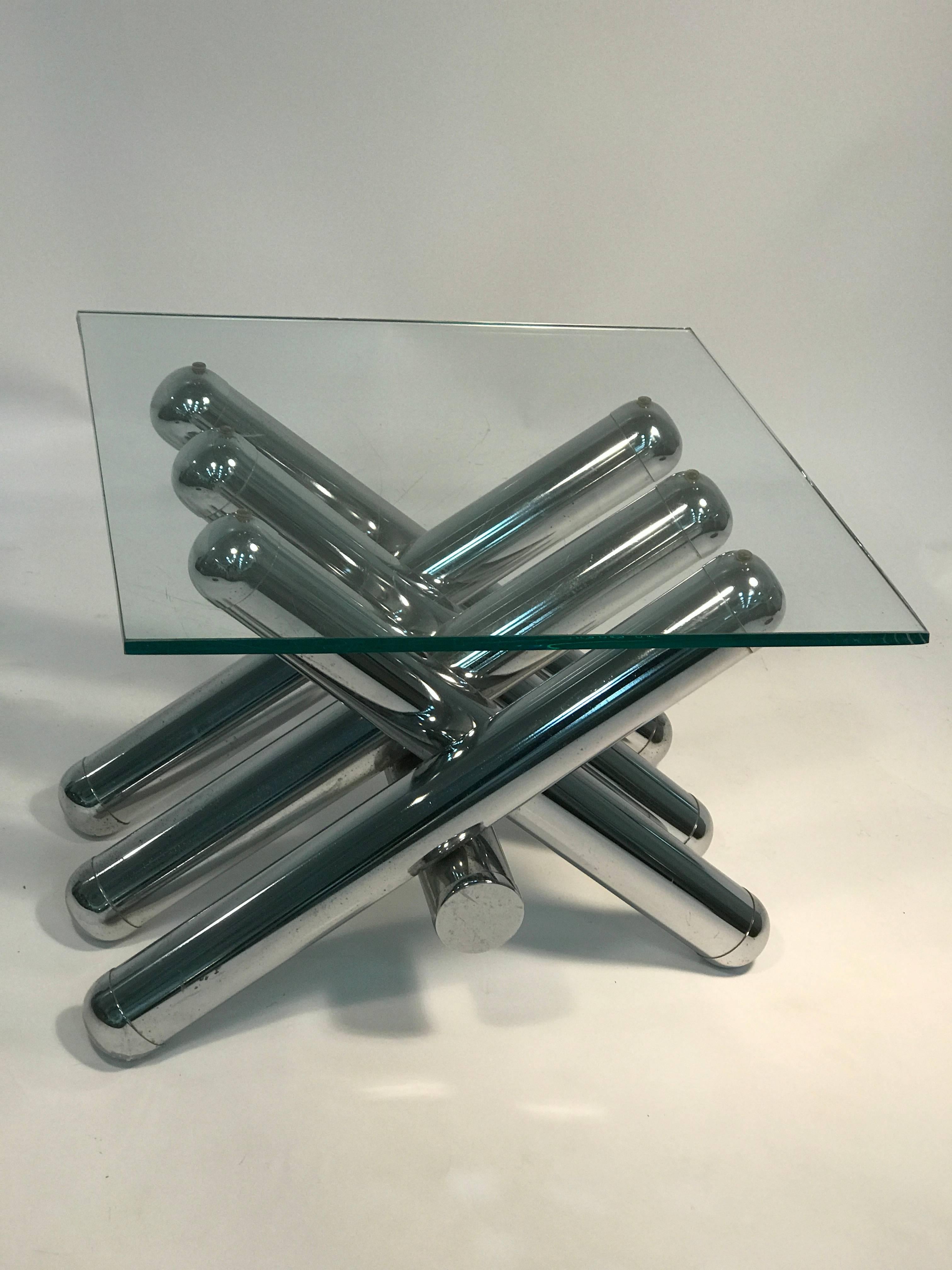 Modernist Tubular Chrome X-Base Coffee Table in the Manner of Romeo Rega In Good Condition For Sale In Mount Penn, PA