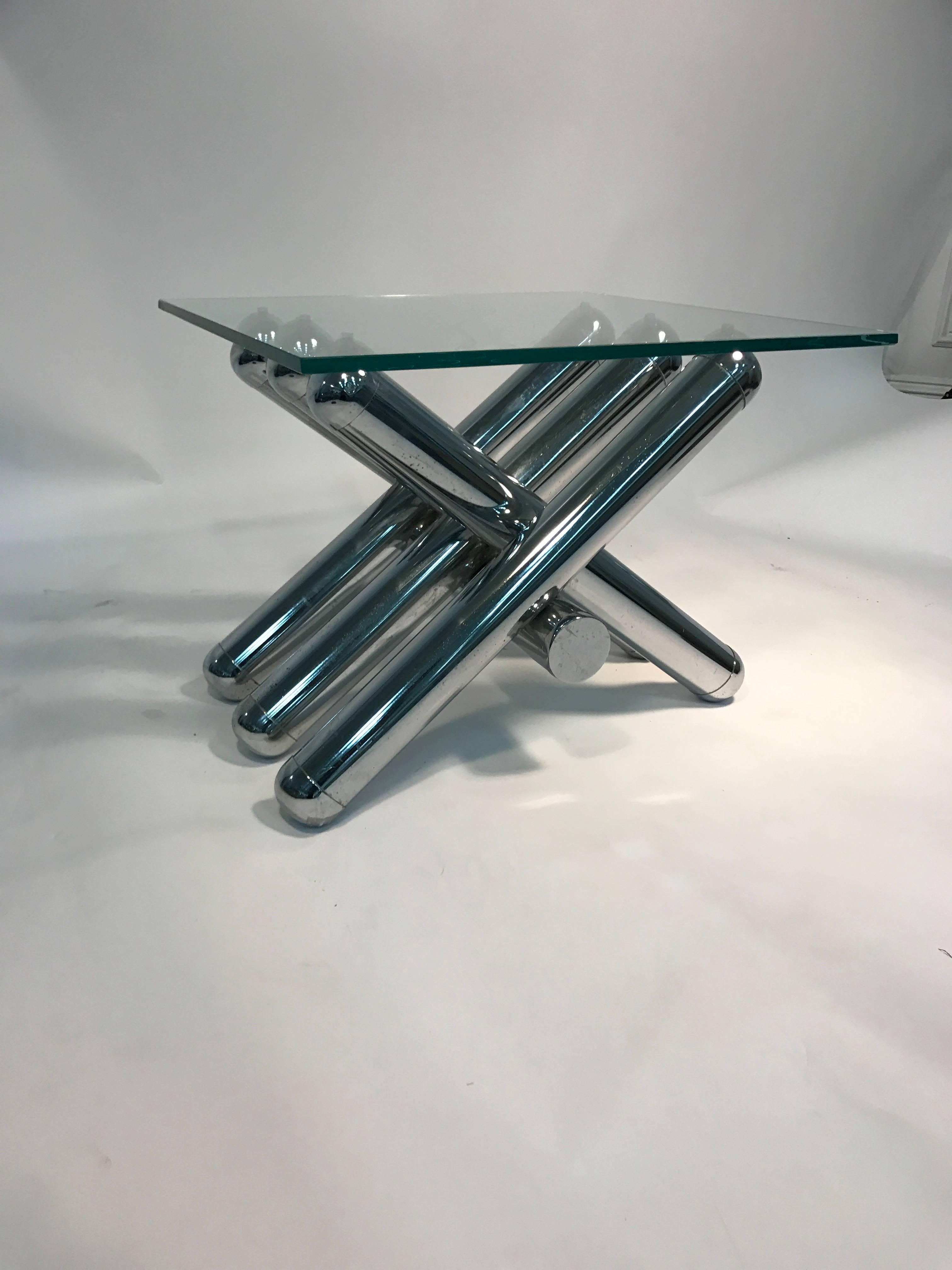 Italian Modernist Tubular Chrome X-Base Coffee Table in the Manner of Romeo Rega For Sale