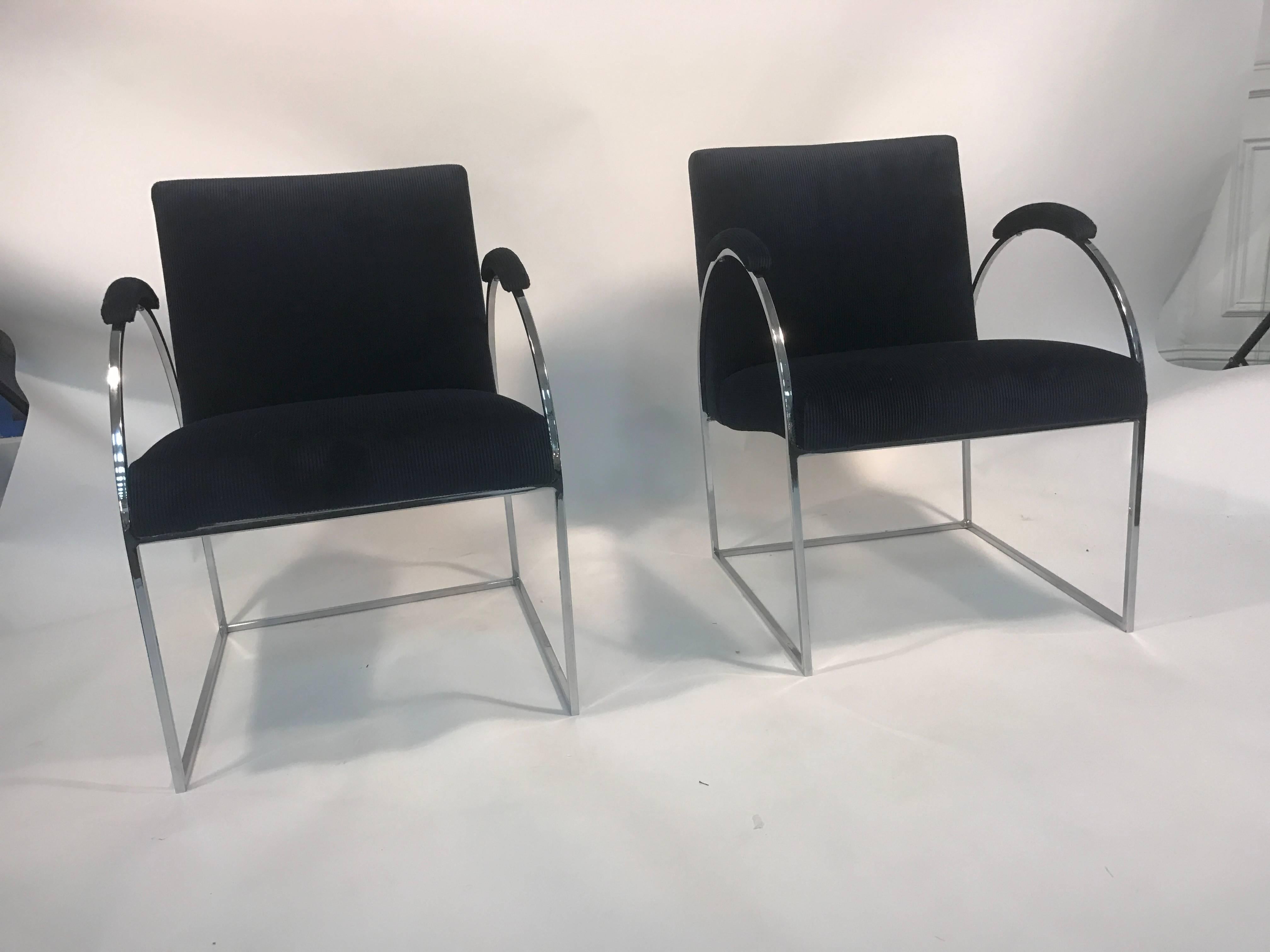 A fabulous pair of chrome chairs with beautifully designed curved arms, and rich velvet fabric by Milo Baughman, circa 1970s. Great condition.