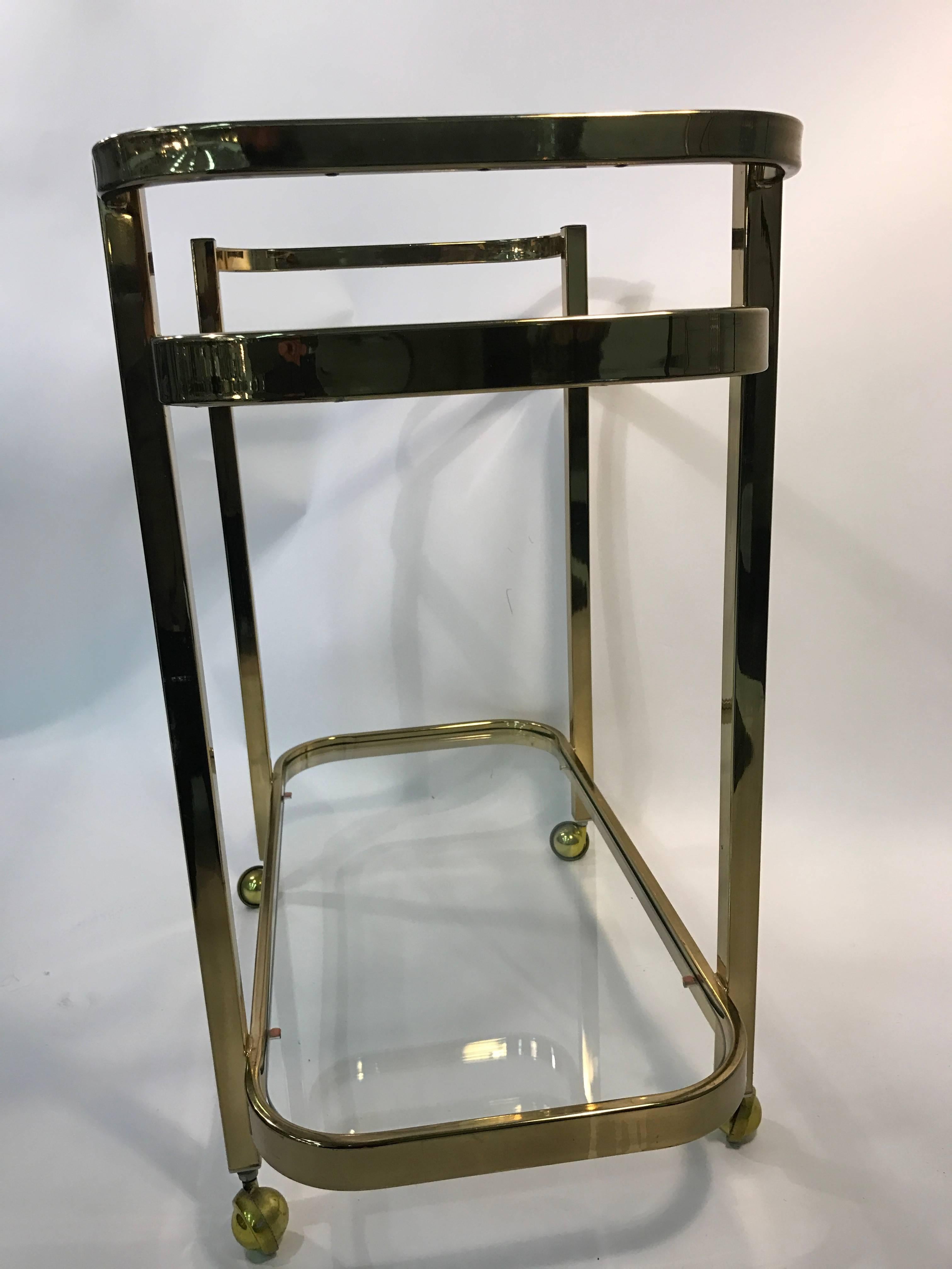 Beautiful Two-Tier Brass Bar Cart by Milo Baughman In Good Condition For Sale In Mount Penn, PA