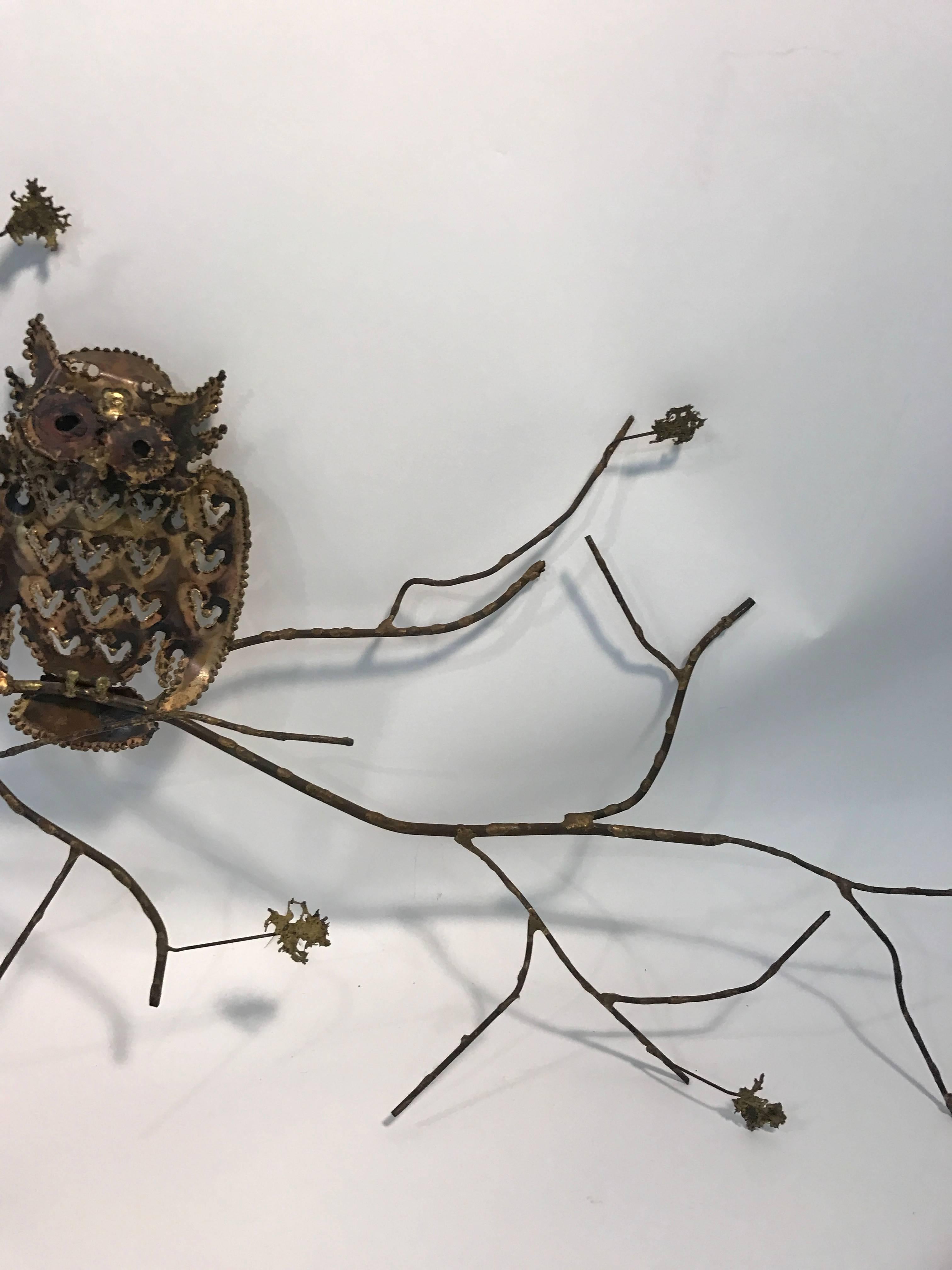 Wonderful Mixed-Metal Owl Wall-Mounted Sculpture by Curtis Jere In Good Condition For Sale In Mount Penn, PA