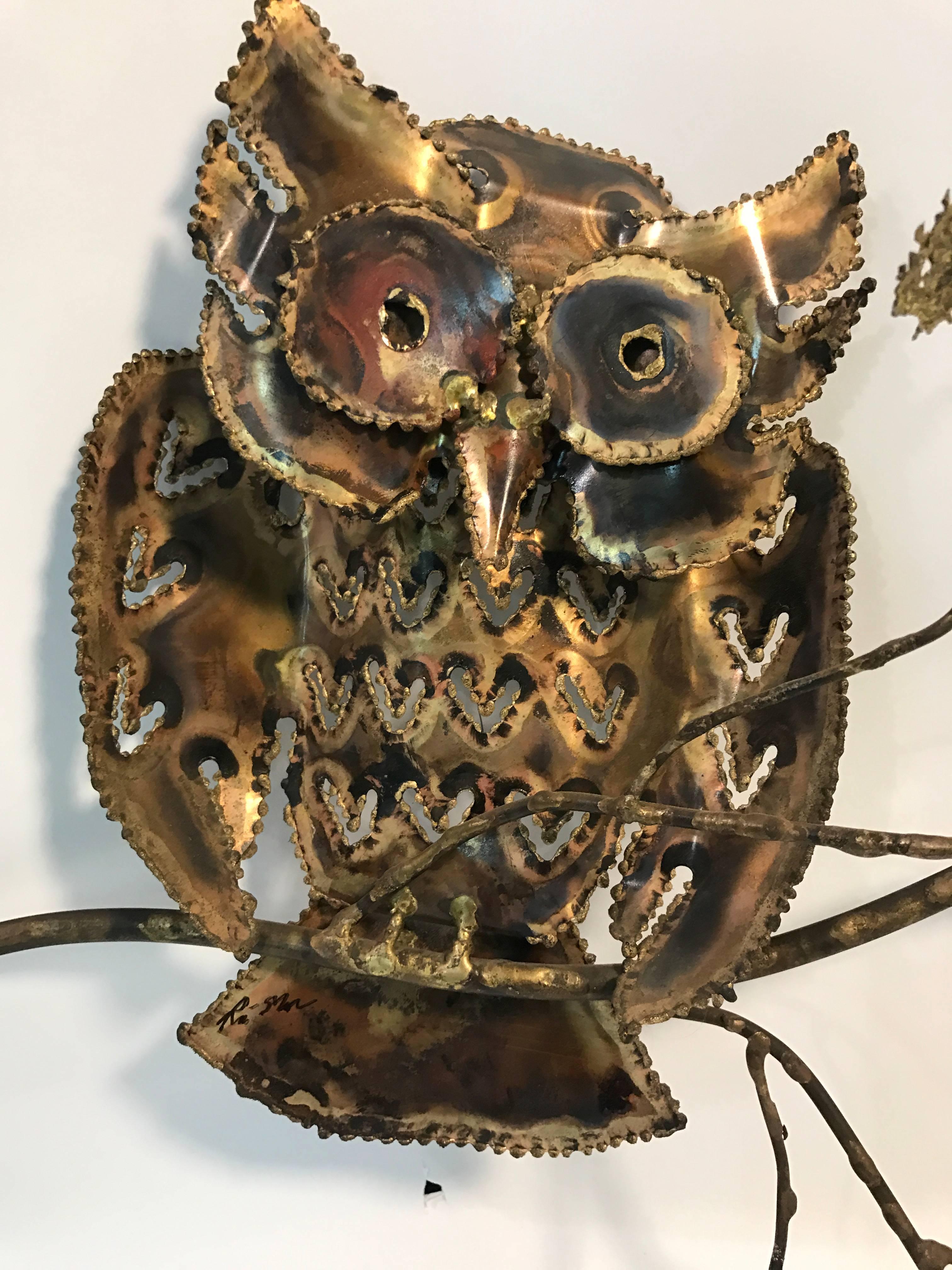 Modern Wonderful Mixed-Metal Owl Wall-Mounted Sculpture by Curtis Jere For Sale
