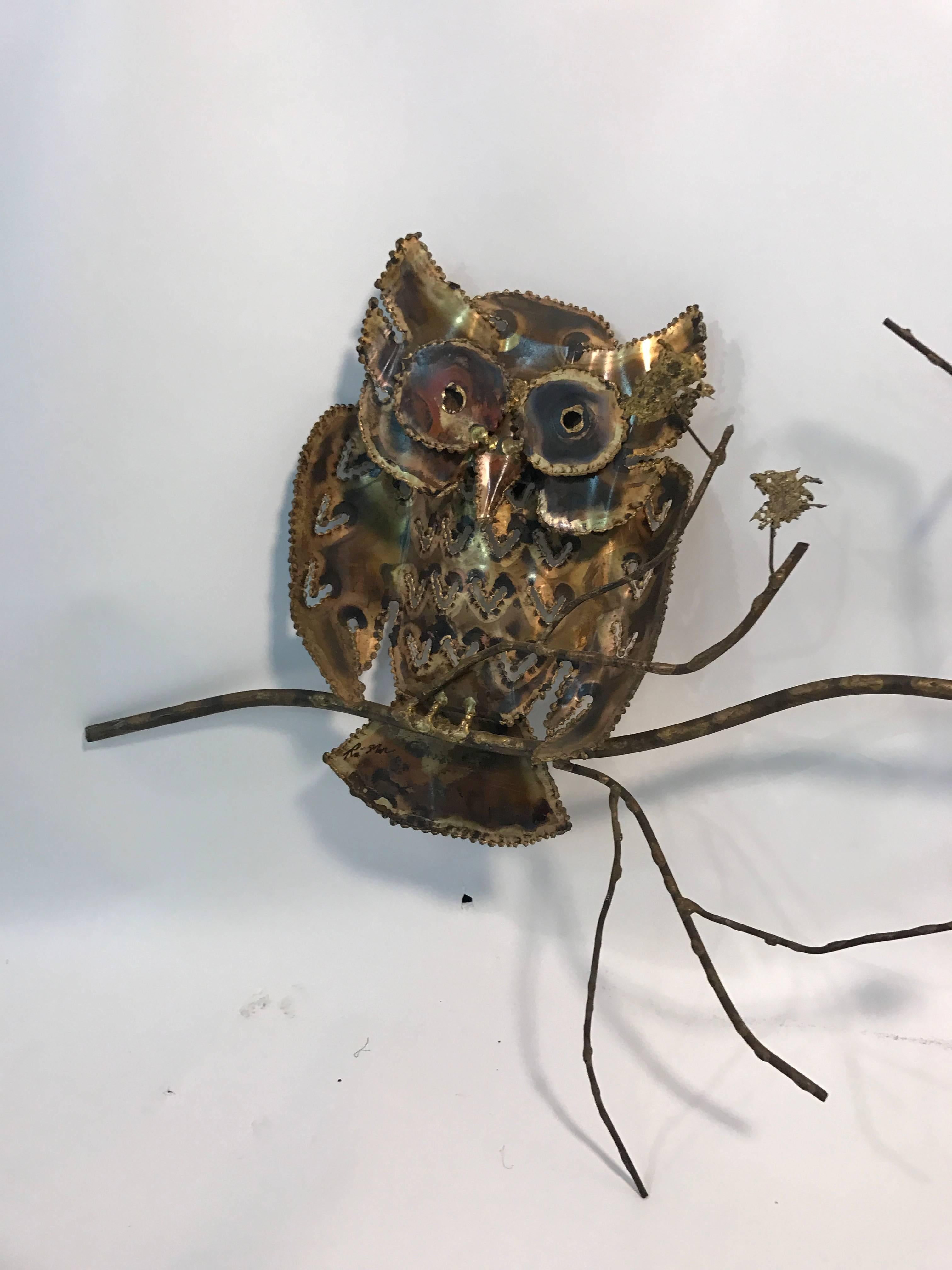 Wonderful Mixed-Metal Owl Wall-Mounted Sculpture by Curtis Jere For Sale 1