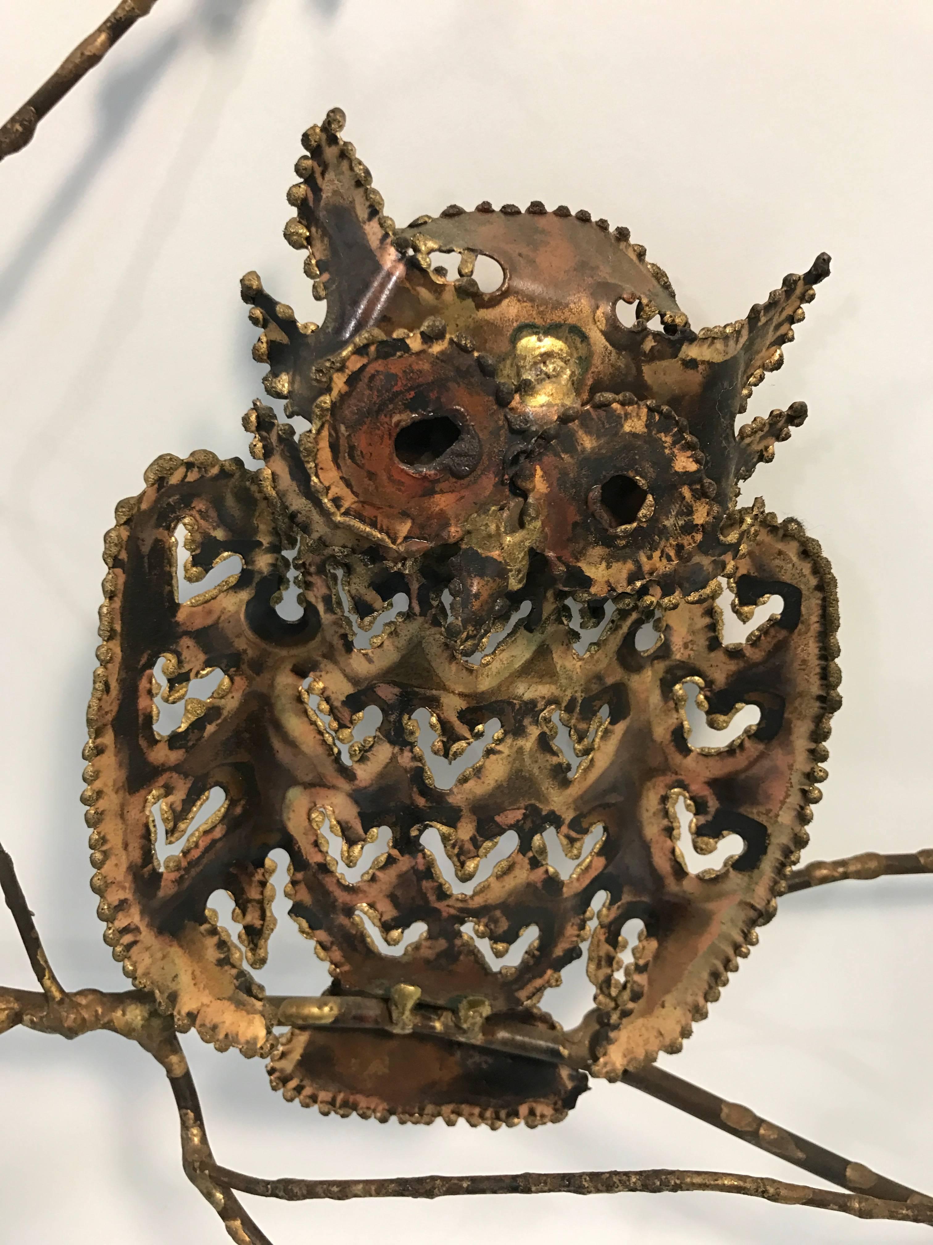 North American Wonderful Mixed-Metal Owl Wall-Mounted Sculpture by Curtis Jere For Sale