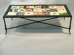Whimsical Ceramic Tile Top Coffee Table with Hand-Painted Nostalgic Scenes