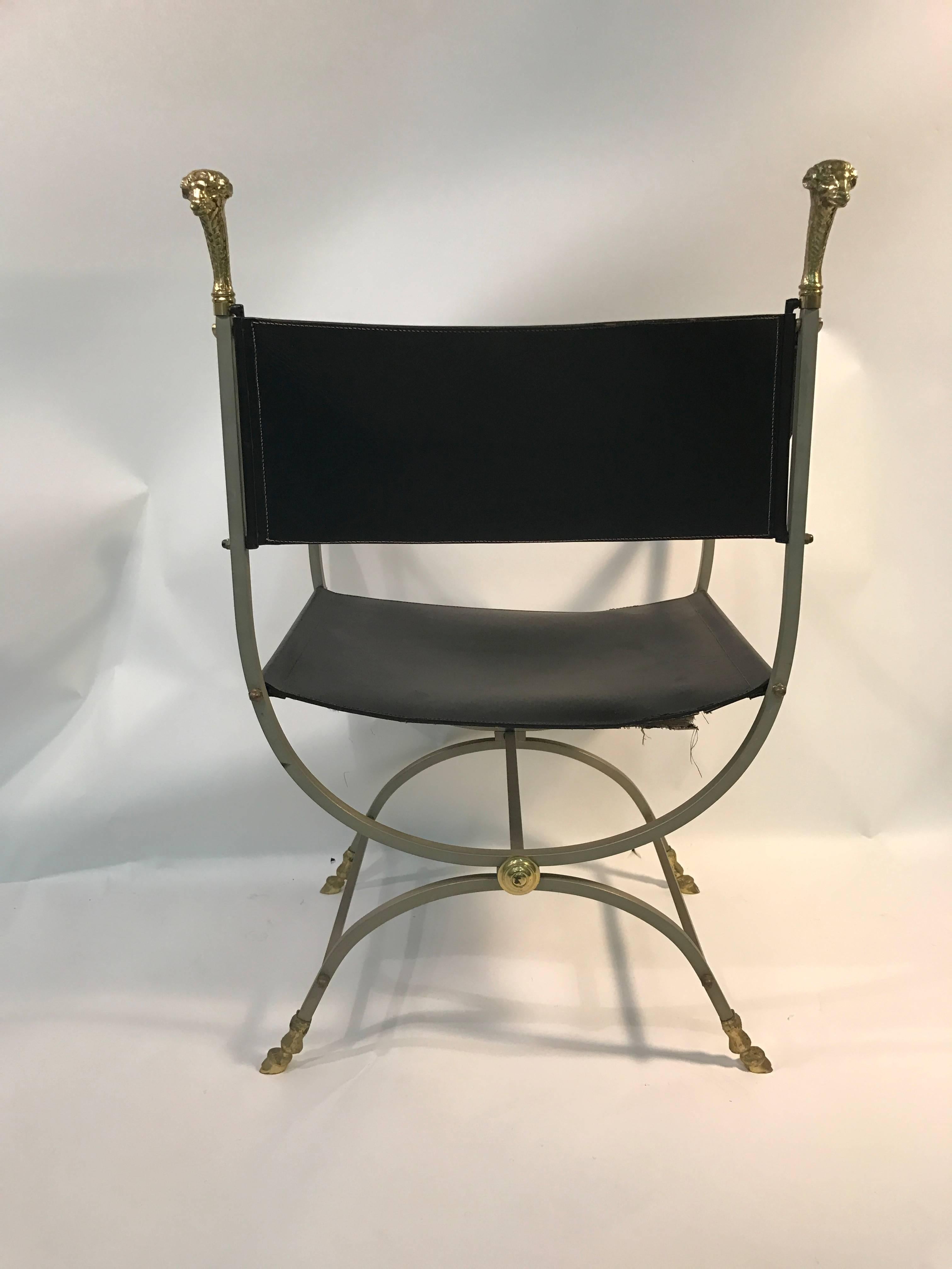 Striking Steel and Brass Black Leather Chair with Ram's Head Design by Jansen For Sale 1