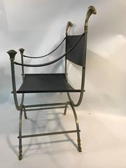 Striking Steel and Brass Black Leather Chair with Ram's Head Design by Jansen
