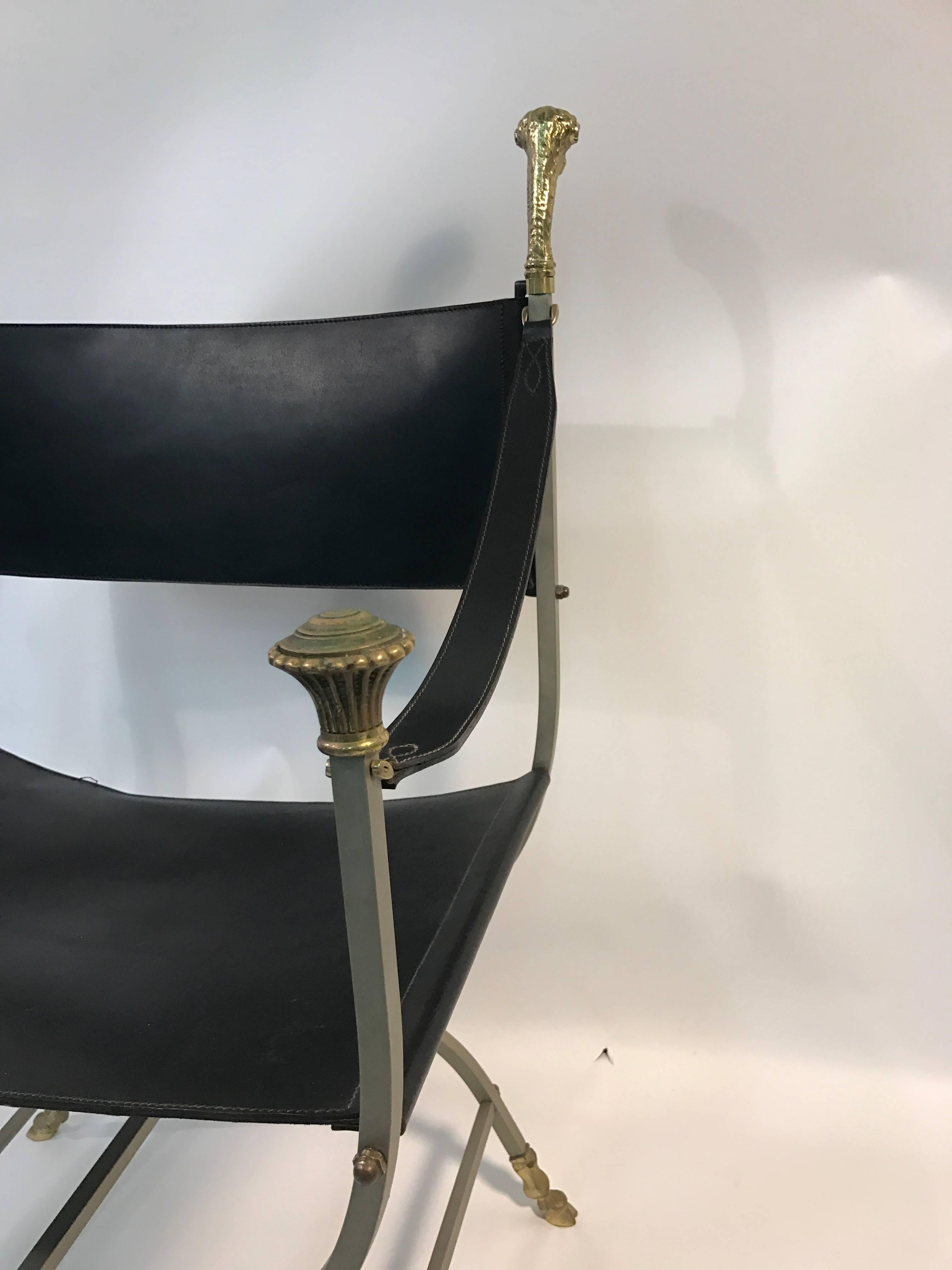 Italian Striking Steel and Brass Black Leather Chair with Ram's Head Design by Jansen For Sale