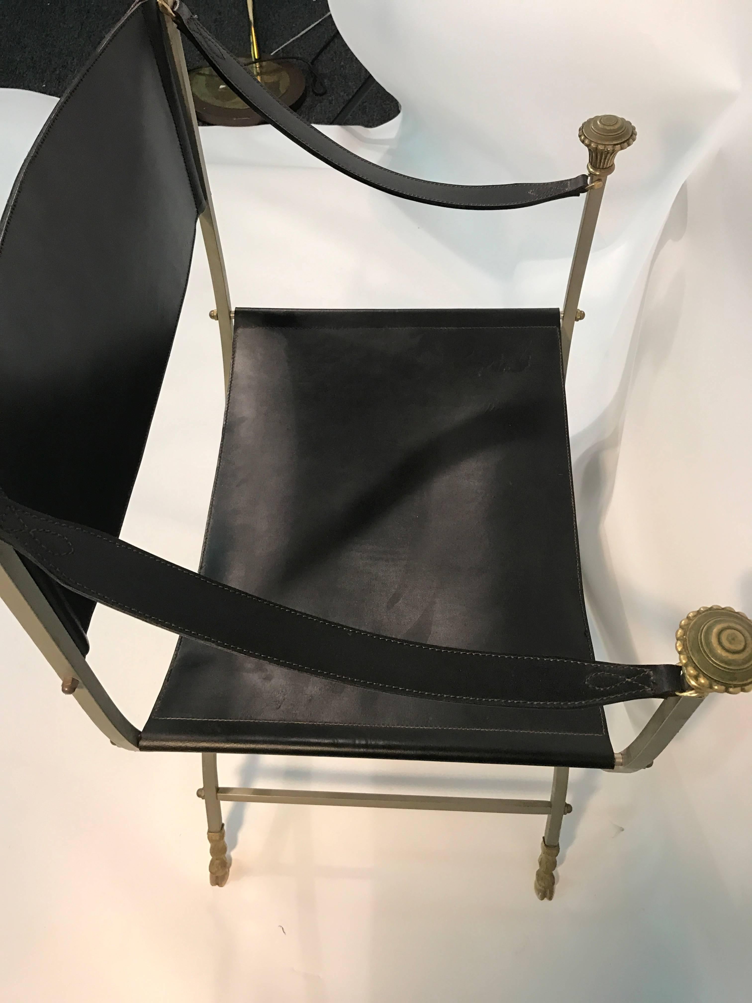 Striking Steel and Brass Black Leather Chair with Ram's Head Design by Jansen In Good Condition For Sale In Mount Penn, PA
