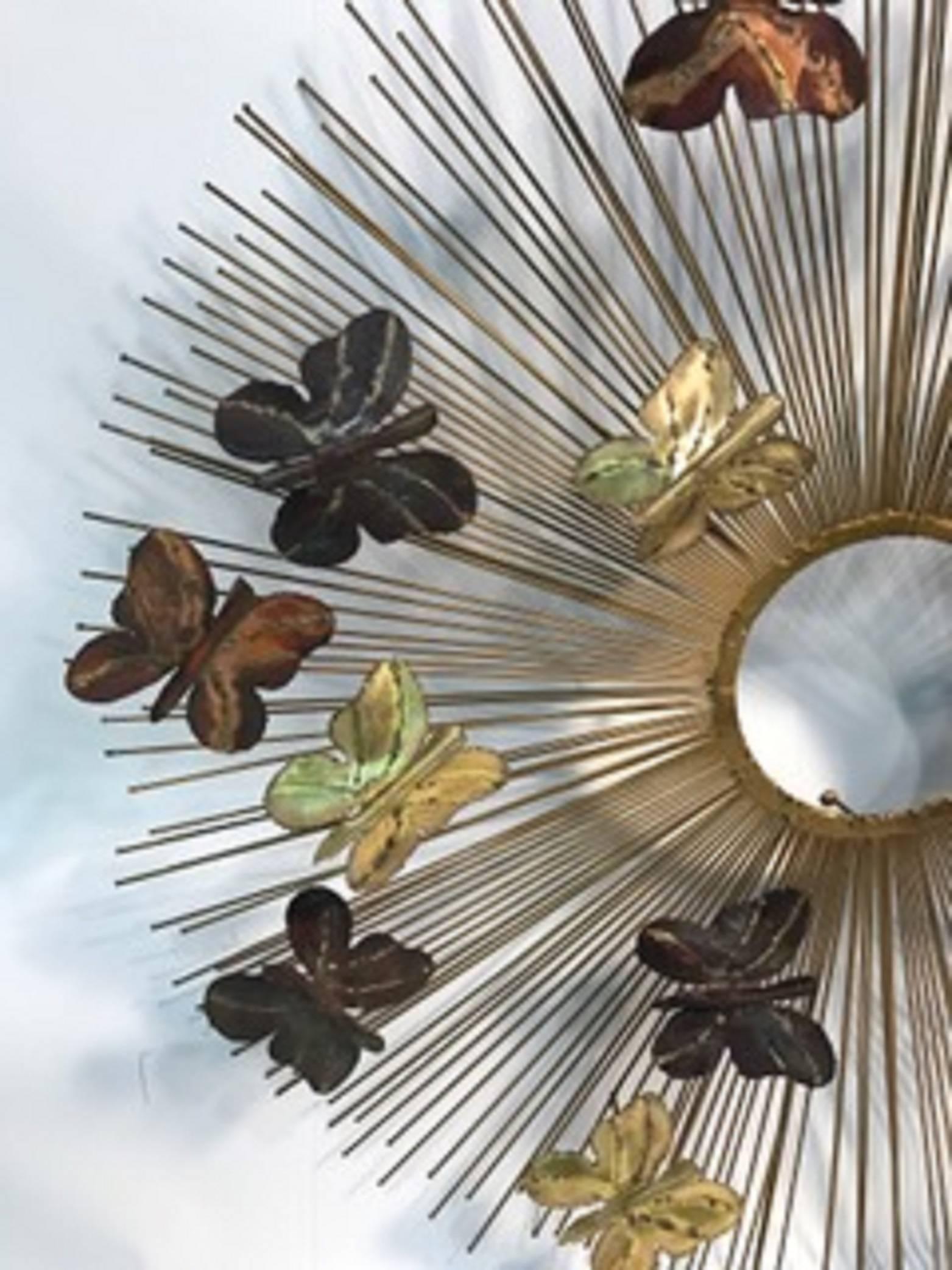 Modern Beautiful and Rare Curtis Jere Sunburst Wall Sculpture with Butterflies For Sale