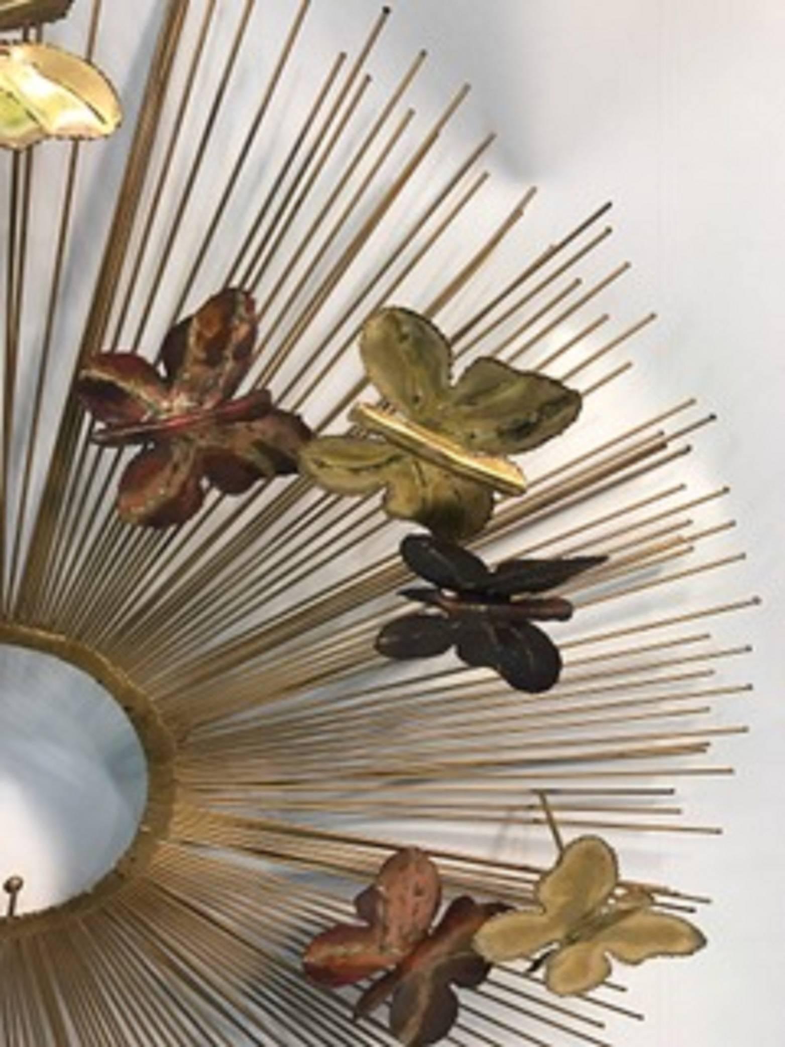 American Beautiful and Rare Curtis Jere Sunburst Wall Sculpture with Butterflies For Sale