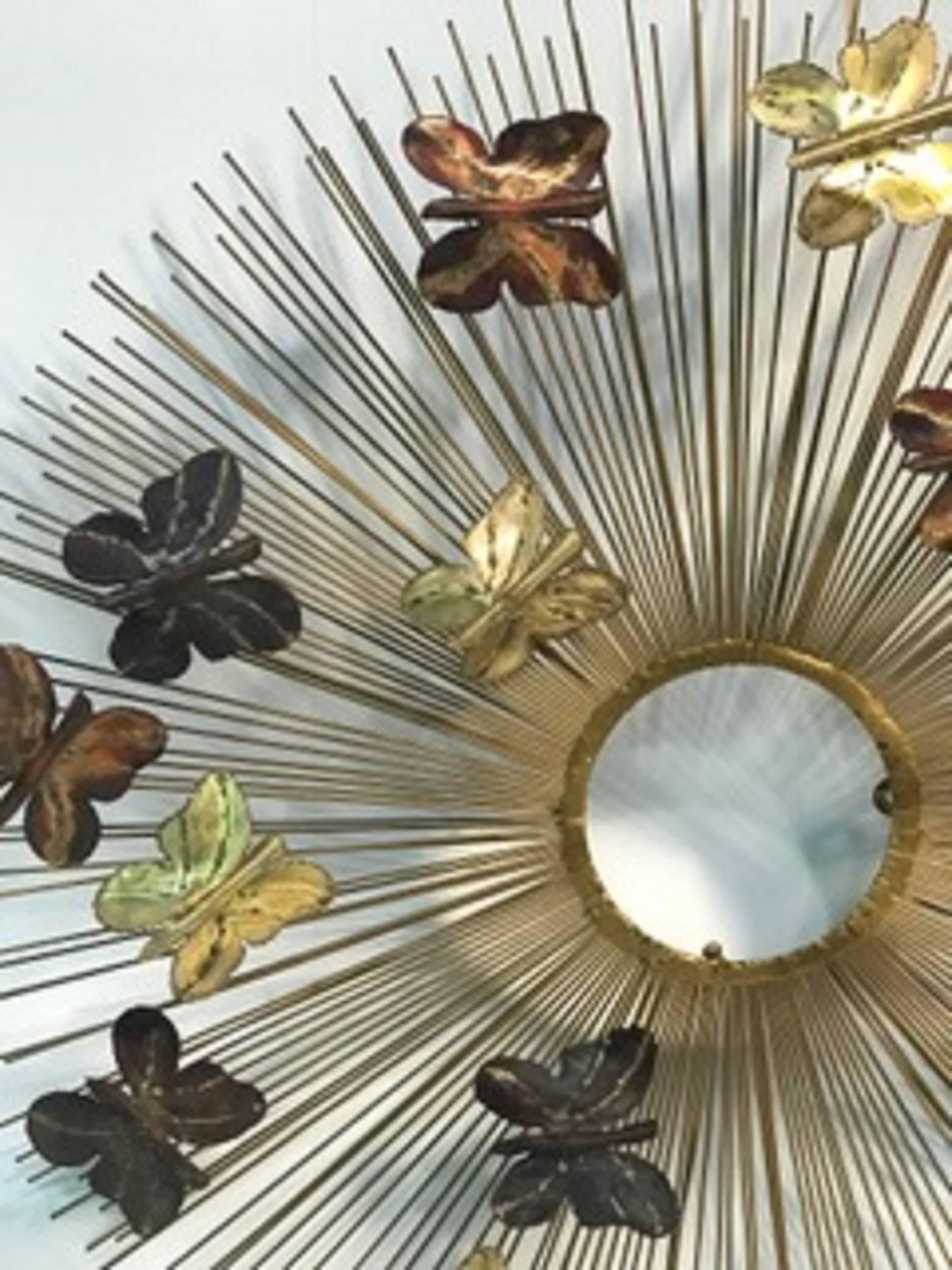 Metal Beautiful and Rare Curtis Jere Sunburst Wall Sculpture with Butterflies For Sale