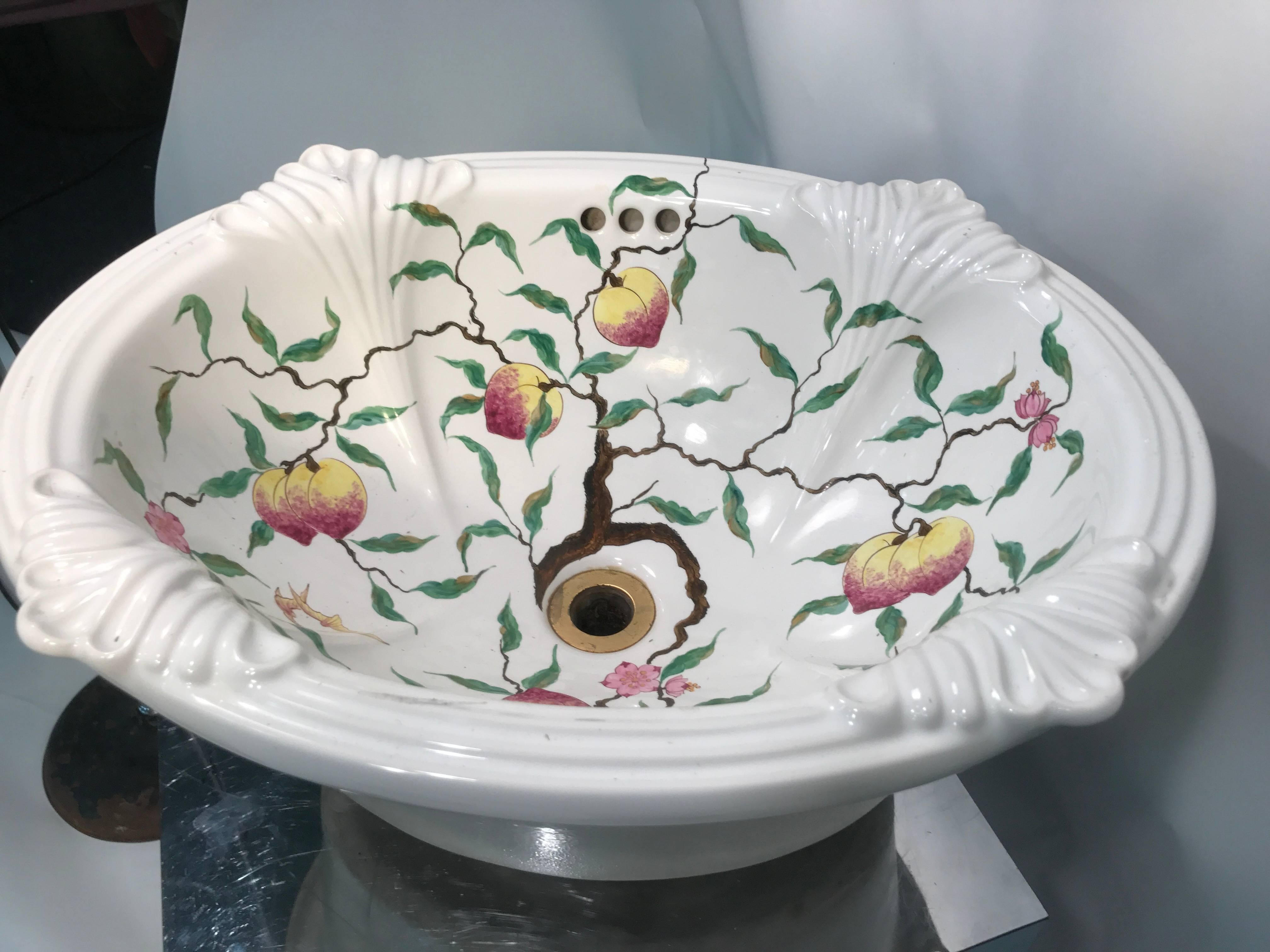 Modern Exceptional Hand-Painted Porcelain & Gilt Bronze Sink with Bathroom Accessories