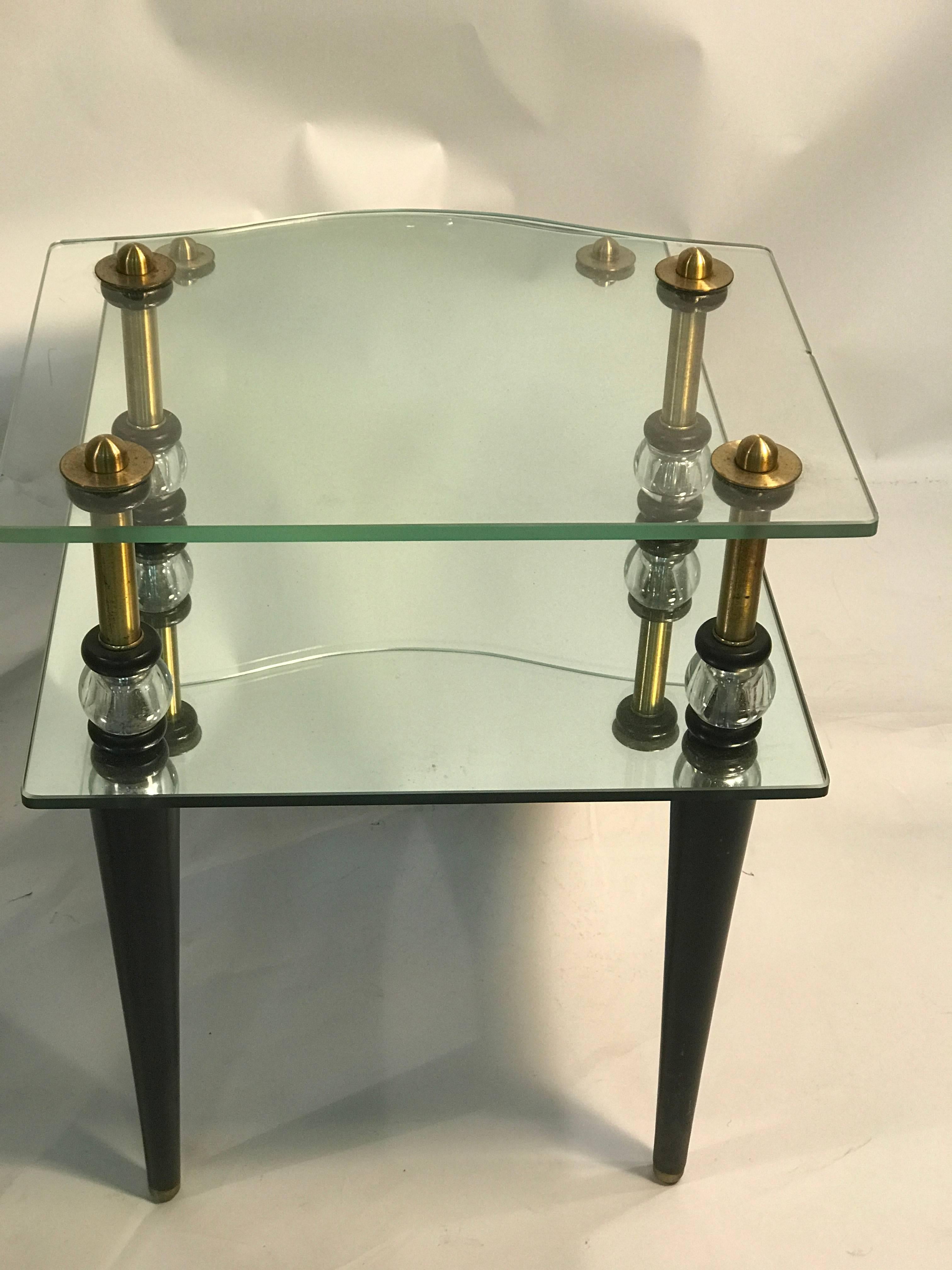 20th Century Exceptional Pair of Mirrored Two-Tier Side Tables with Brass Accents For Sale