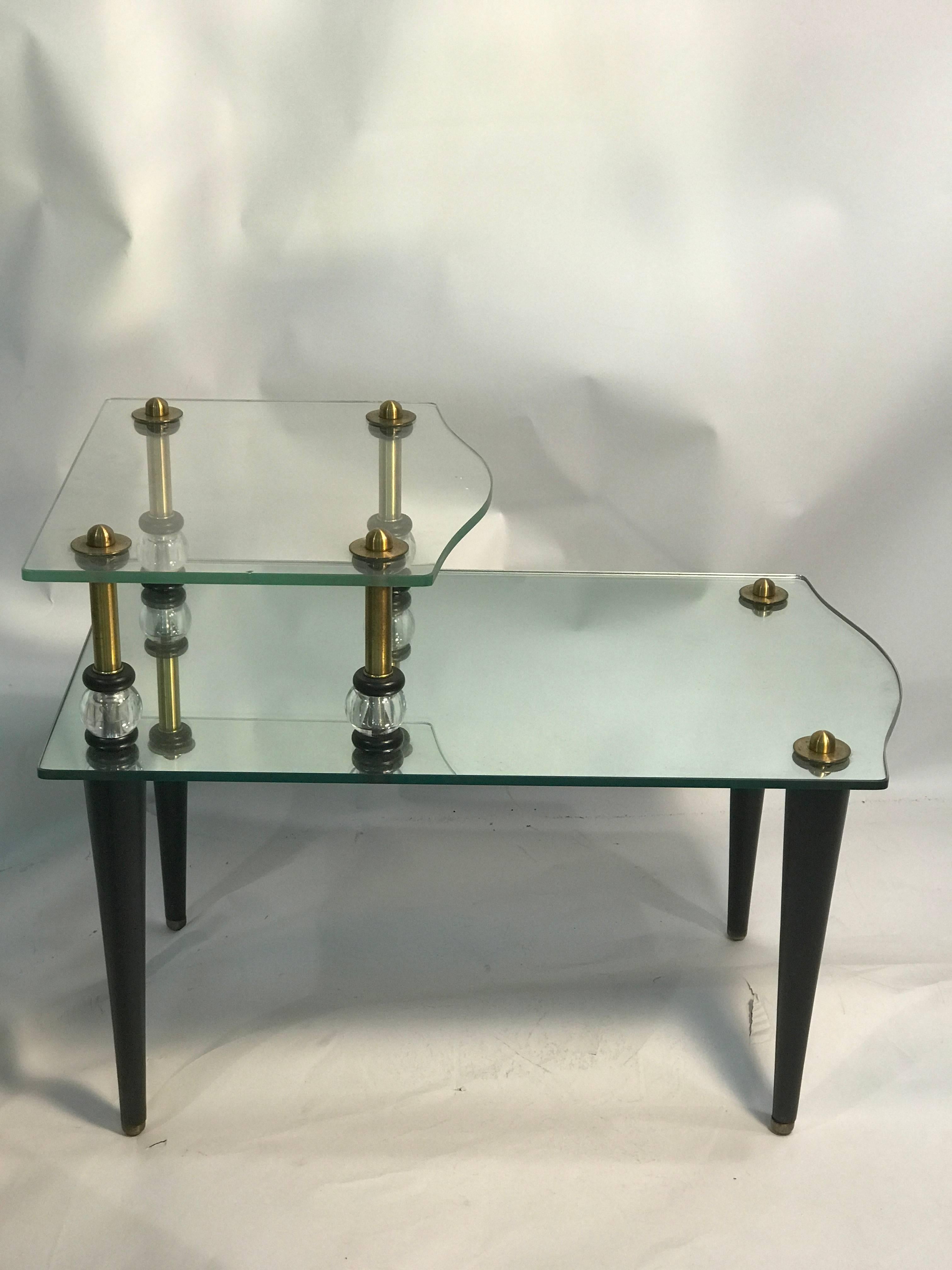 Italian Exceptional Pair of Mirrored Two-Tier Side Tables with Brass Accents For Sale
