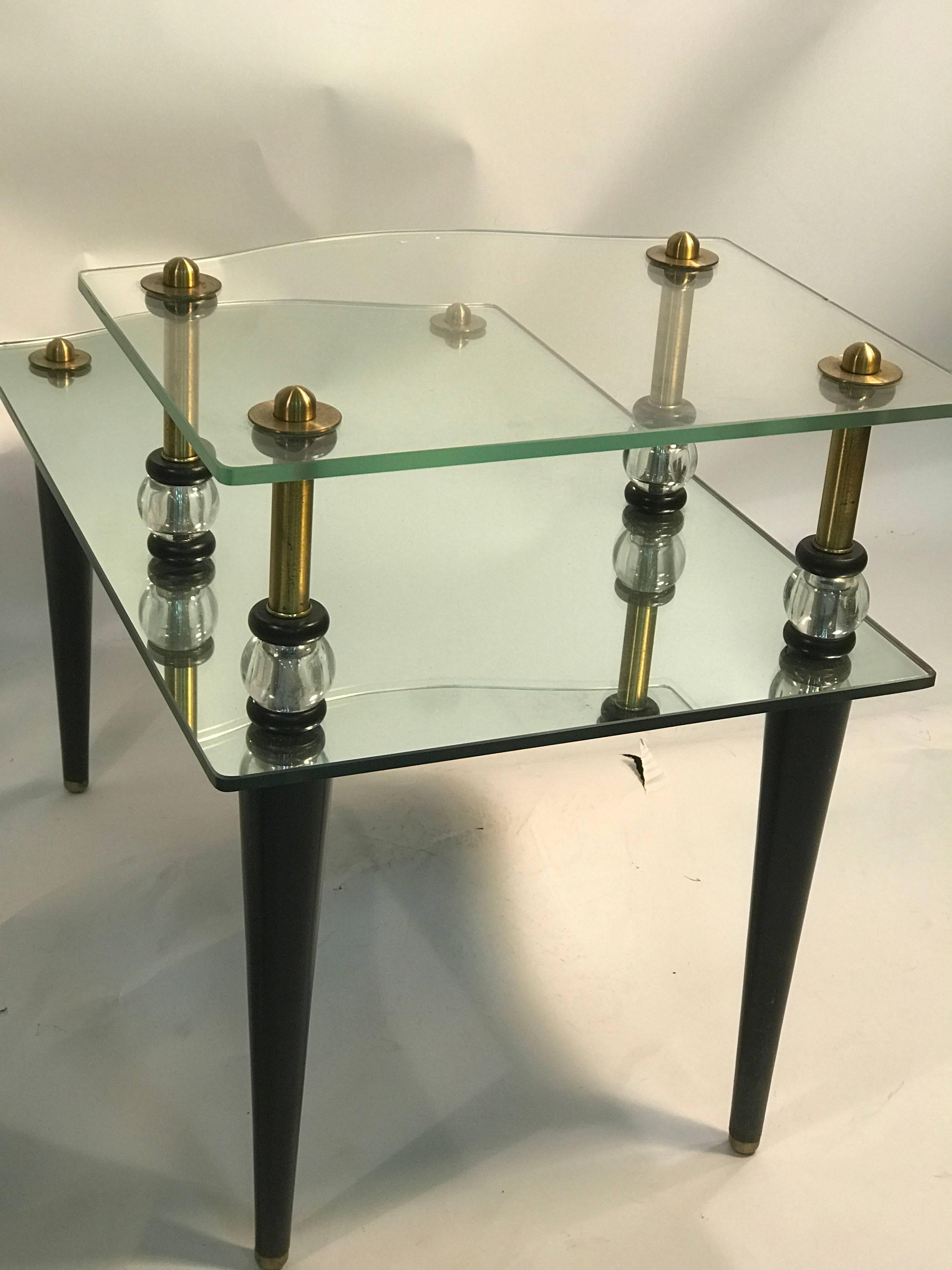 Exceptional Pair of Mirrored Two-Tier Side Tables with Brass Accents In Good Condition For Sale In Mount Penn, PA