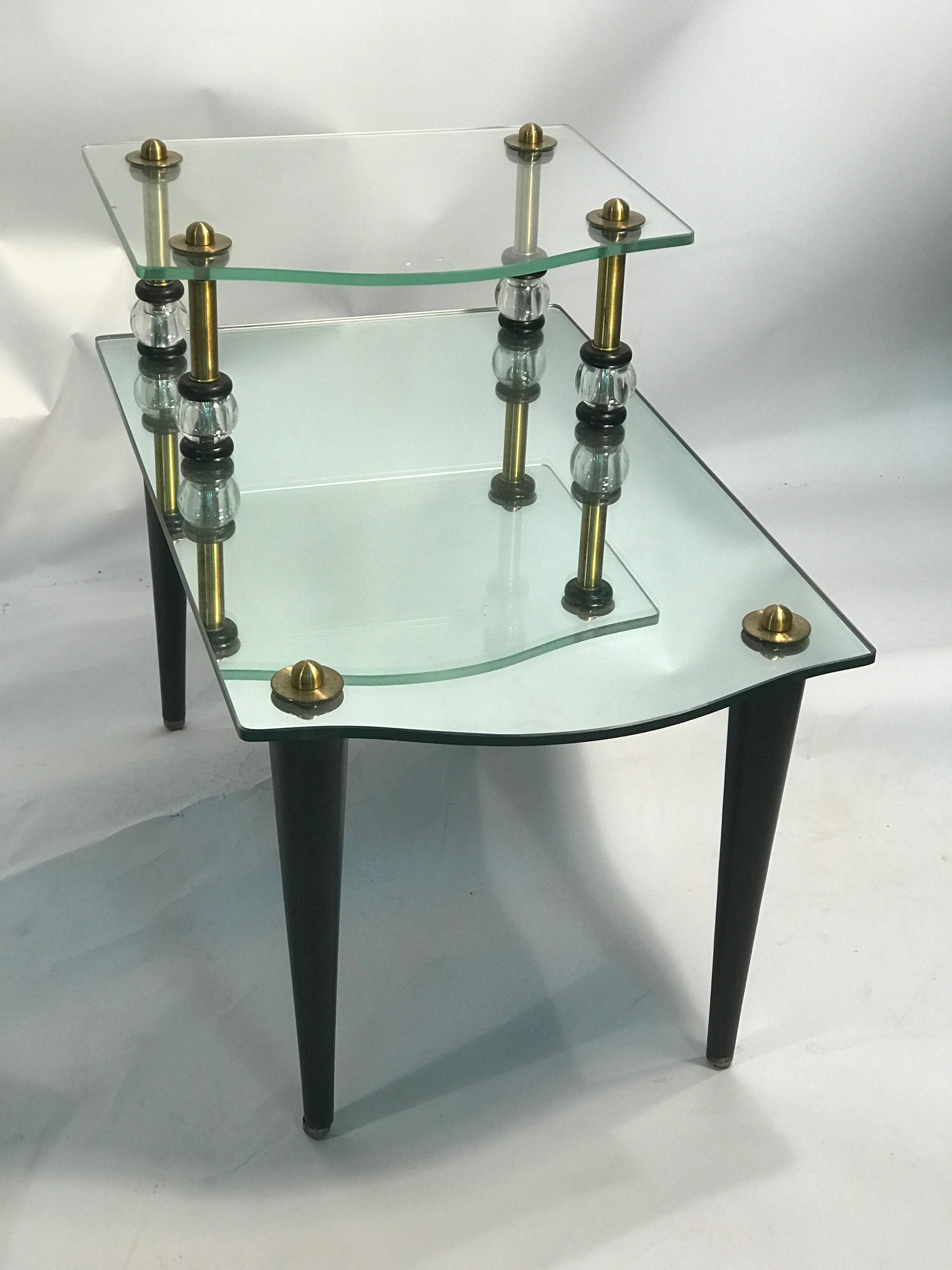 Modern Exceptional Pair of Mirrored Two-Tier Side Tables with Brass Accents For Sale