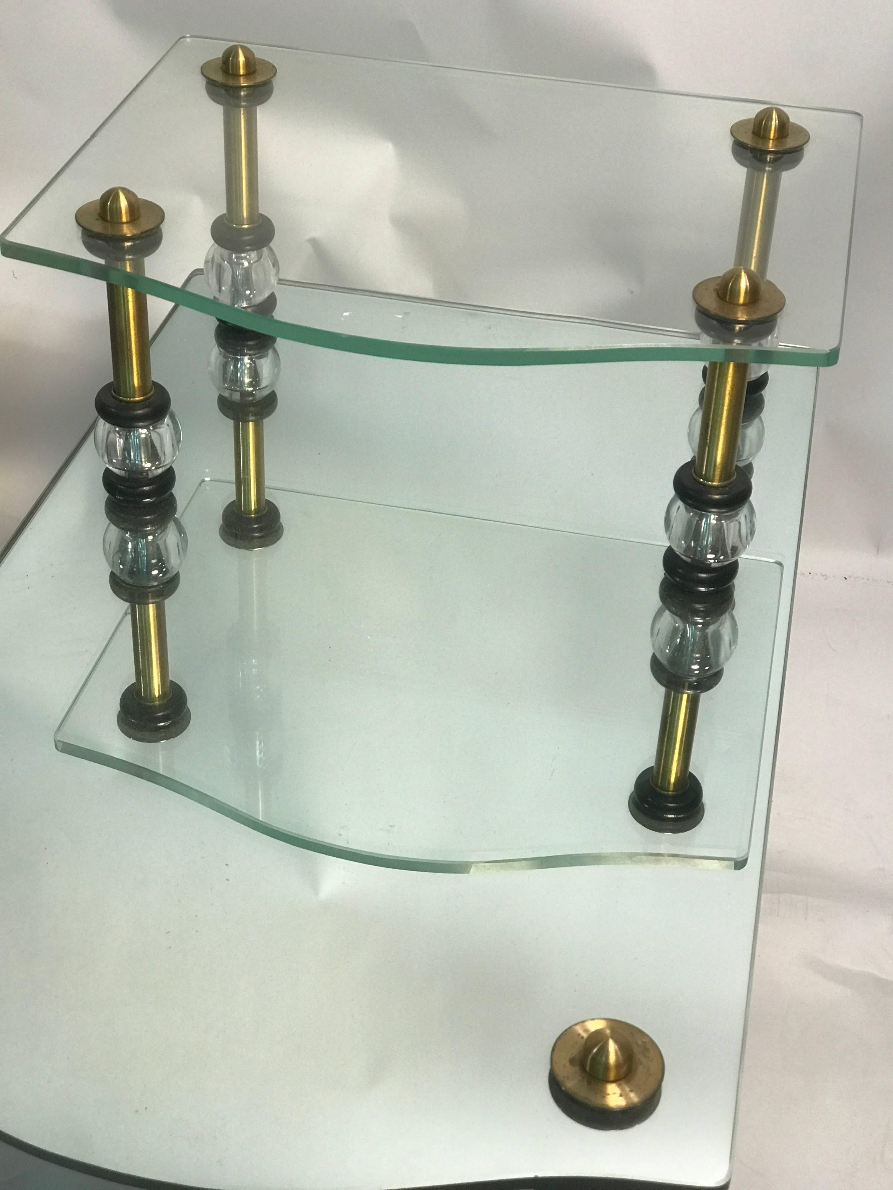 Exceptional Pair of Mirrored Two-Tier Side Tables with Brass Accents For Sale 2