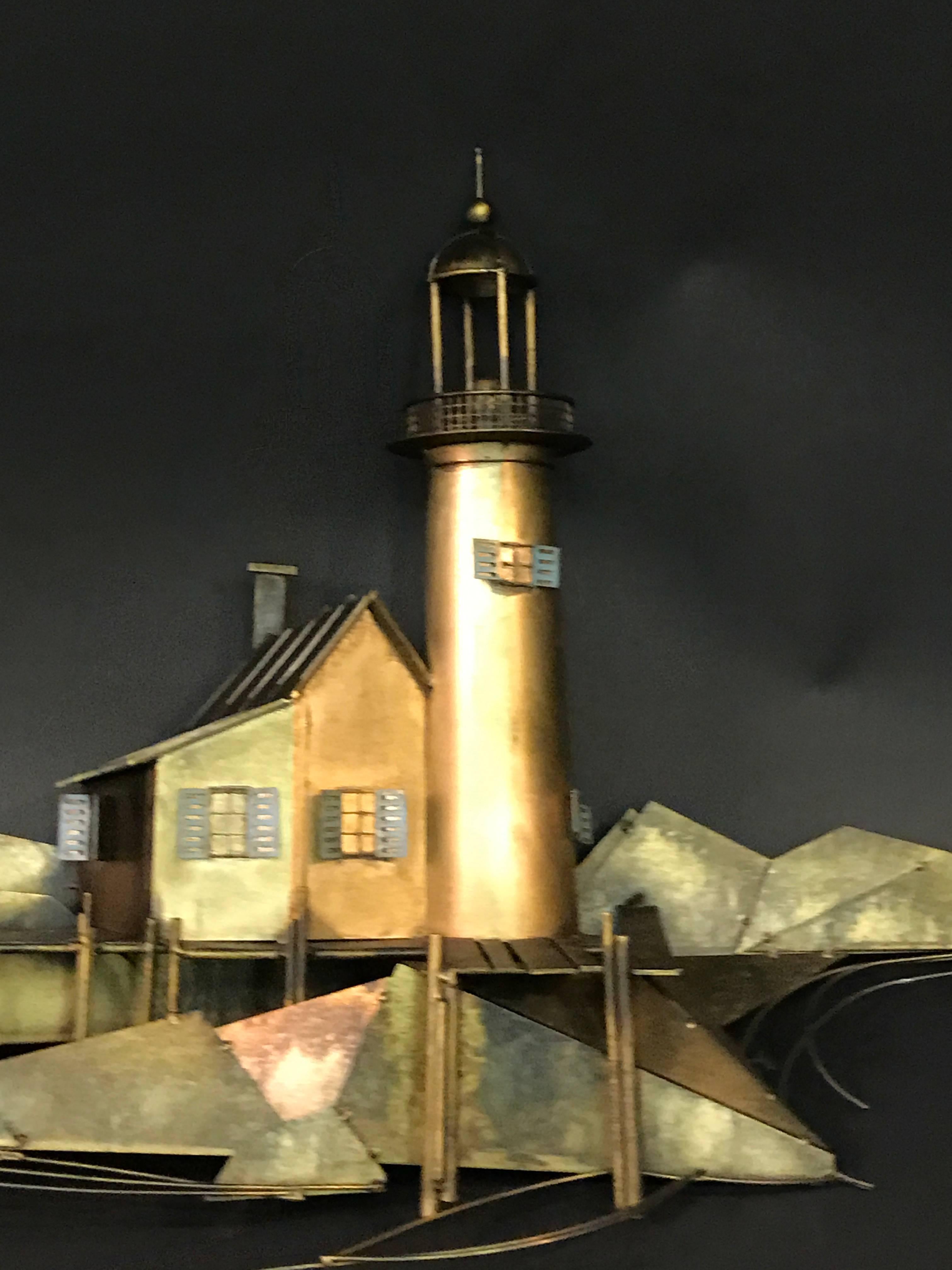 A stunning Curtis Jere mixed-metal wall sculpture of a lighthouse, dock and harbor scene. Signed, C. Jere, circa 1980. Good vintage condition.