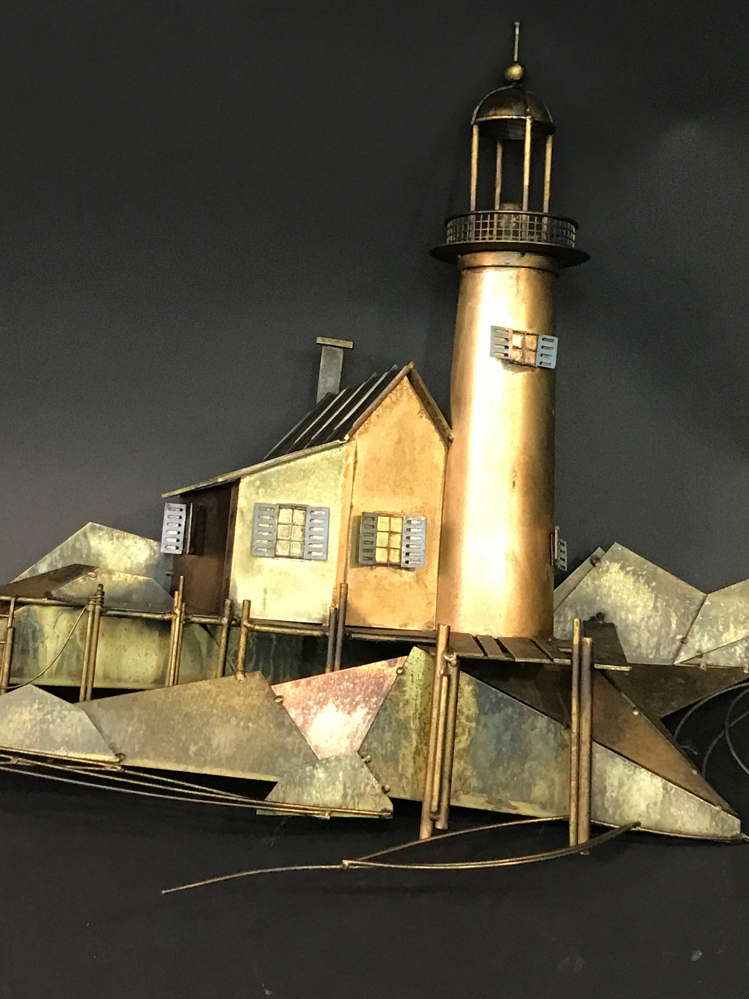 Stunning Curtis Jere Mixed-Metal Wall Sculpture of a Lighthouse & Harbor Scene In Good Condition For Sale In Mount Penn, PA