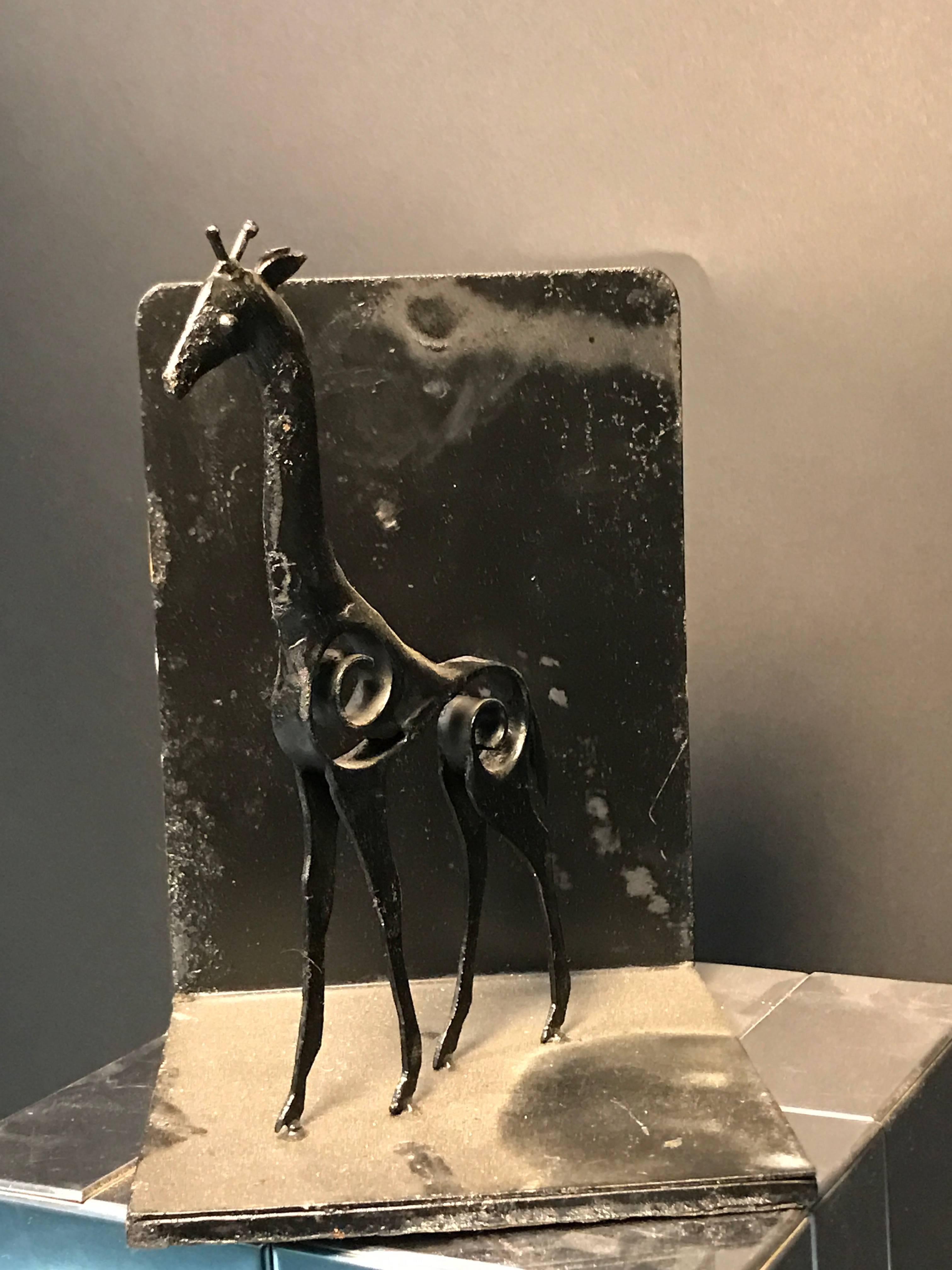 Italian Unusual Pair of Painted Iron Giraffe Bookends in the Manner of Giacometti For Sale