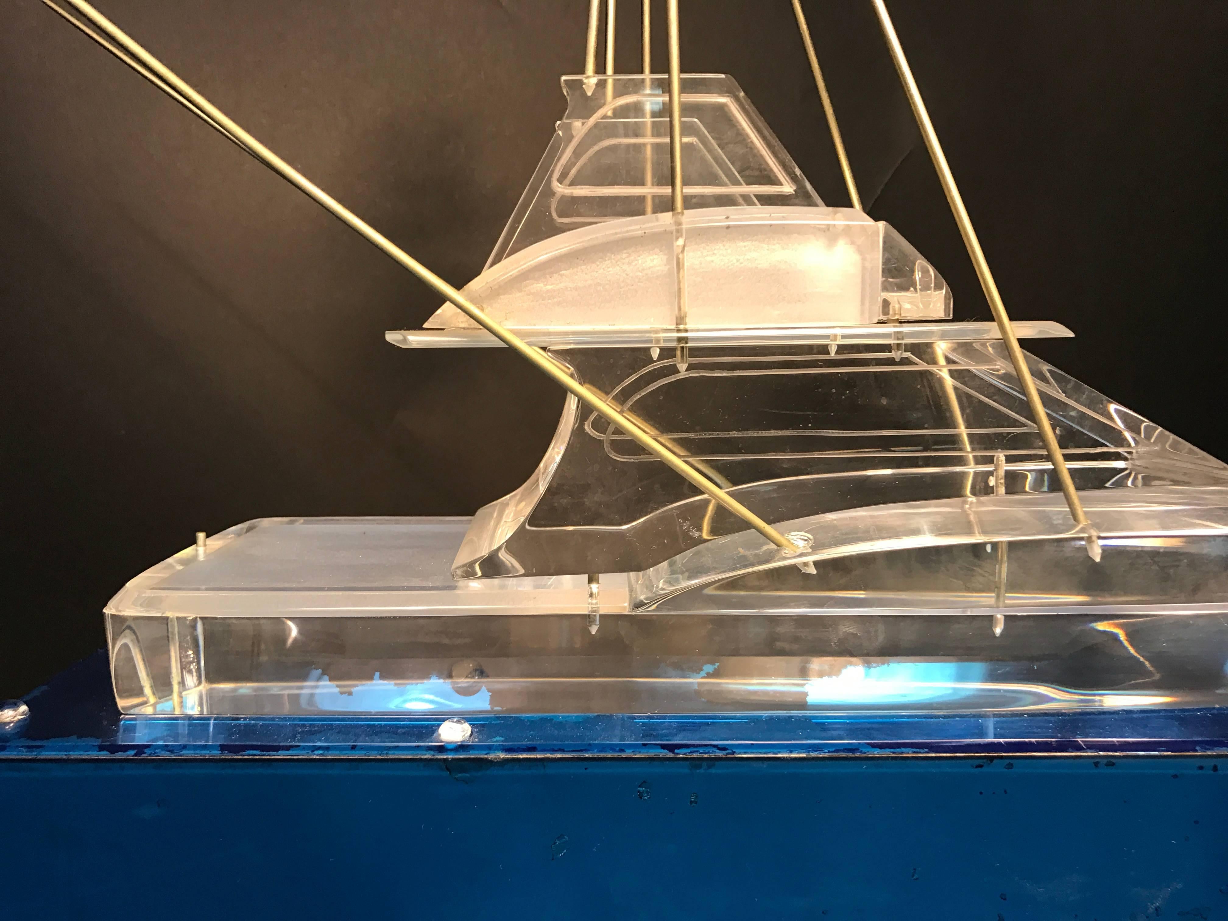A fabulous Lucite yacht, or large ship sculpture with great detail, and beautiful base, circa 1970. Good vintage condition with age appropriate wear.