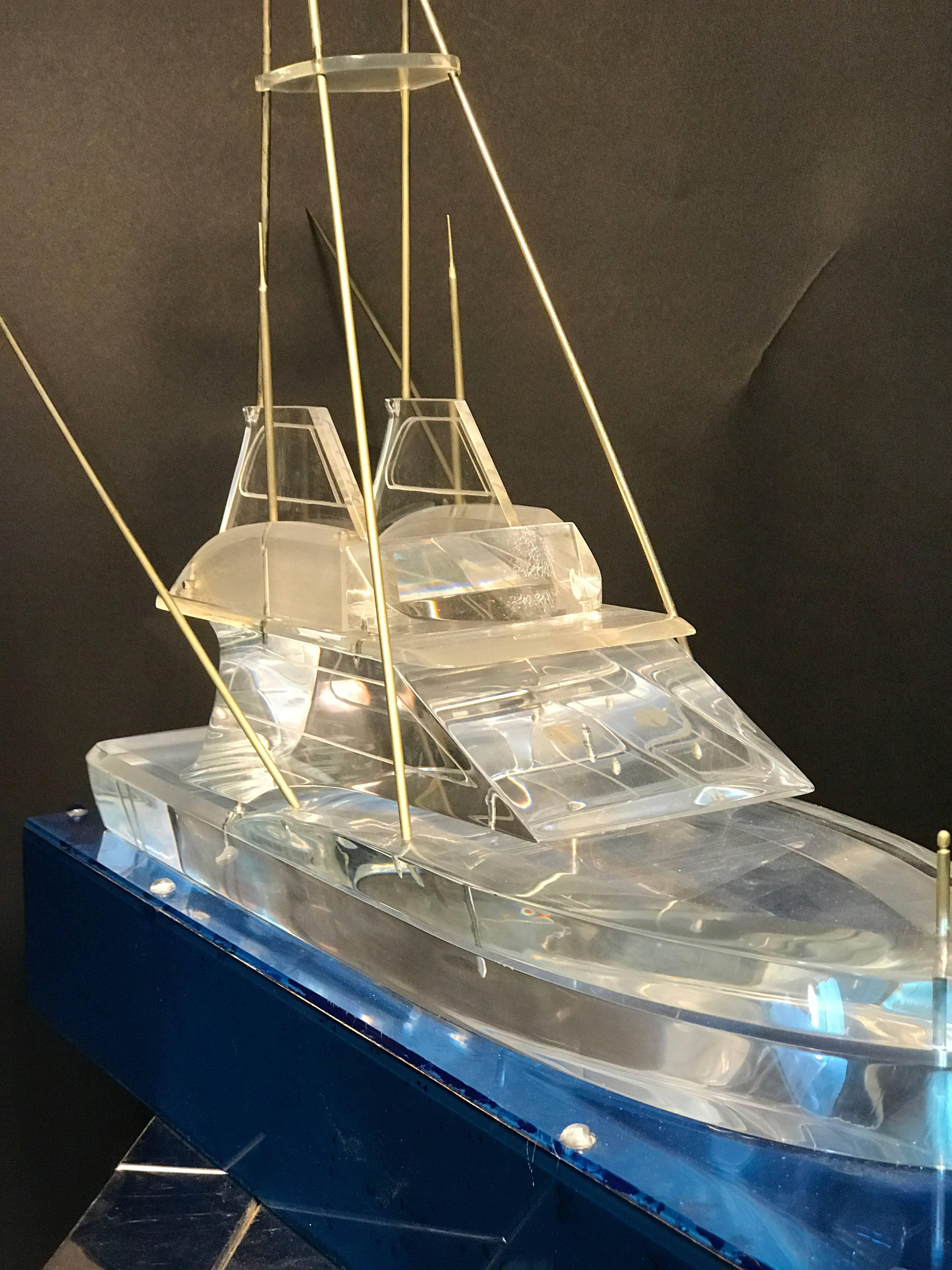 Modern Fabulous Lucite Yacht Sculpture with Beautiful Base For Sale