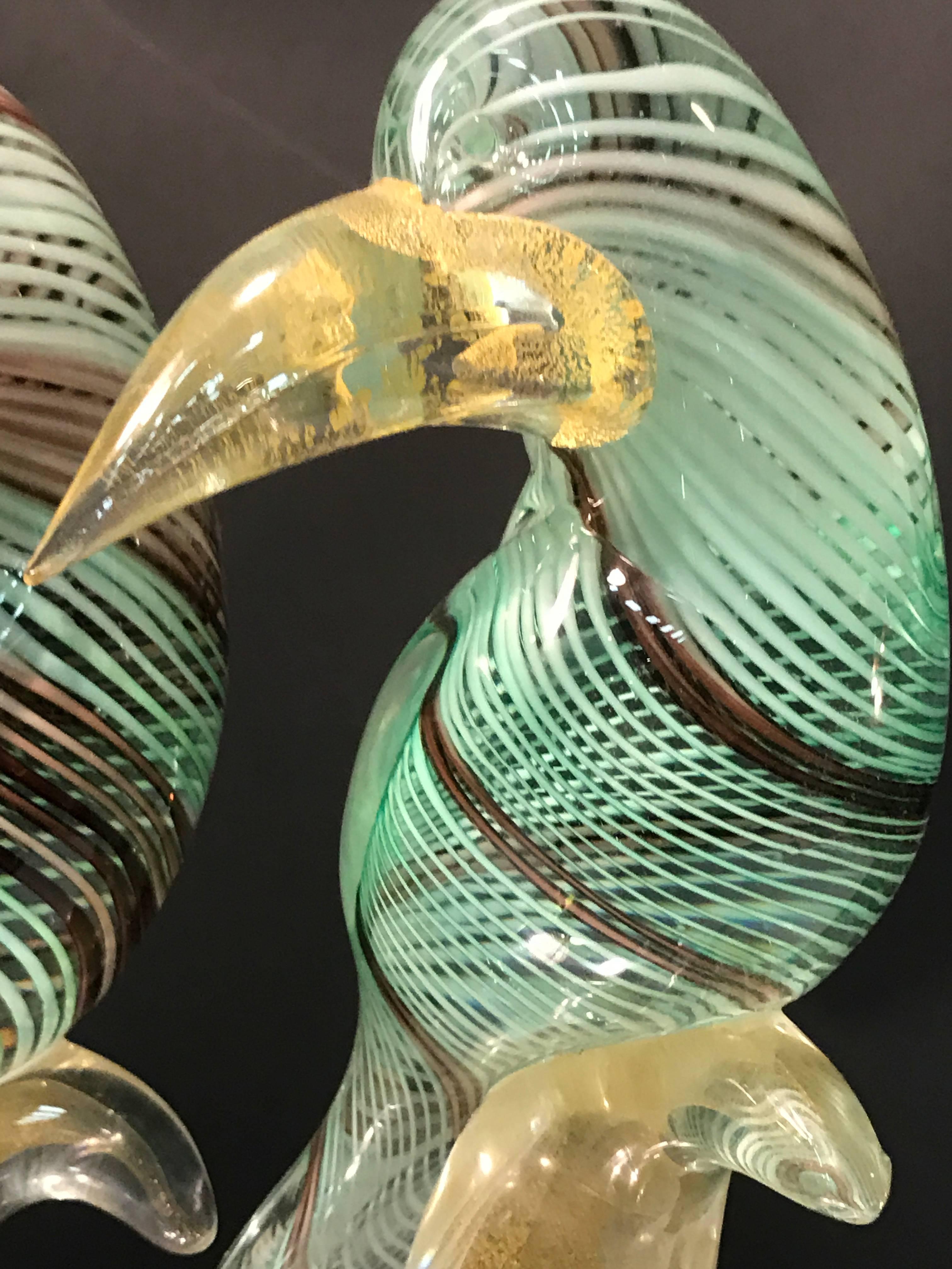 20th Century Stunning Pair of Archimede Seguso Murano Glass Green Toucans For Sale