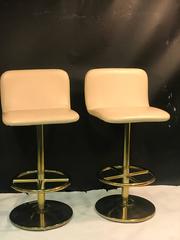 Sensational Pair of Bar Stools with Beige Vinyl Seat and Brass Coated Base