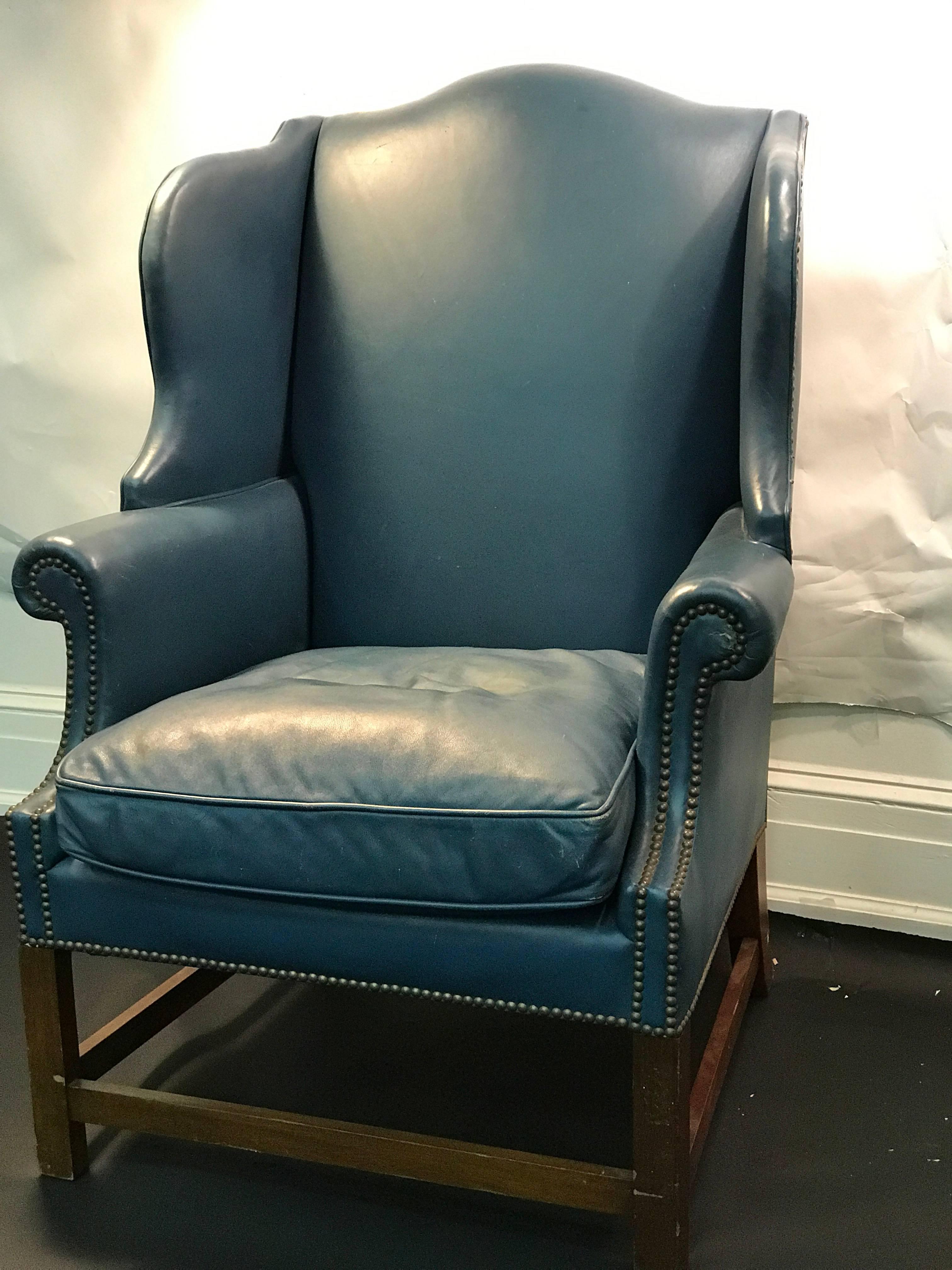 Mid-Century Modern Wonderful Wingback Chair with Beautiful Blue Original Leather Upholstery For Sale