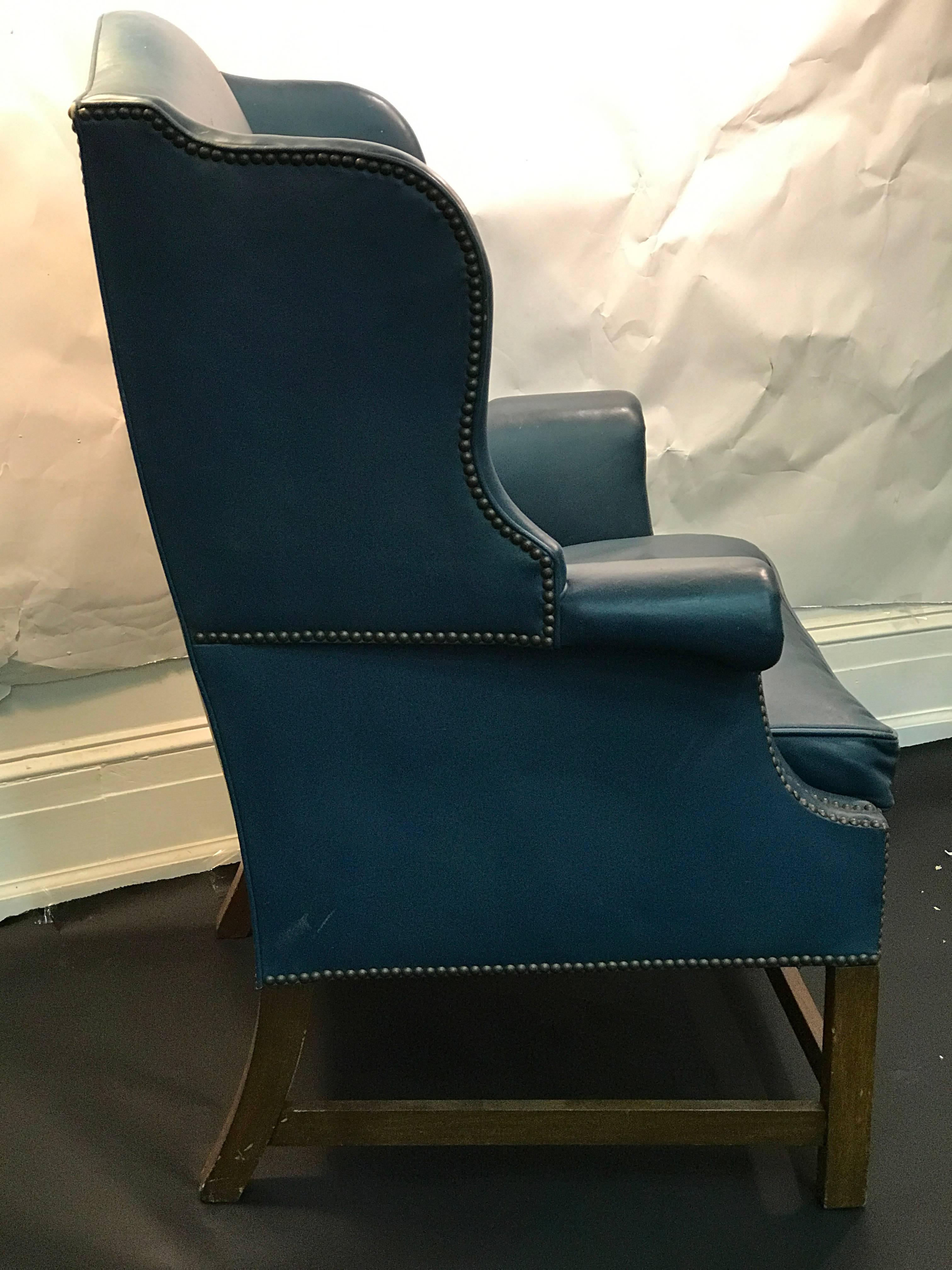 American Wonderful Wingback Chair with Beautiful Blue Original Leather Upholstery For Sale