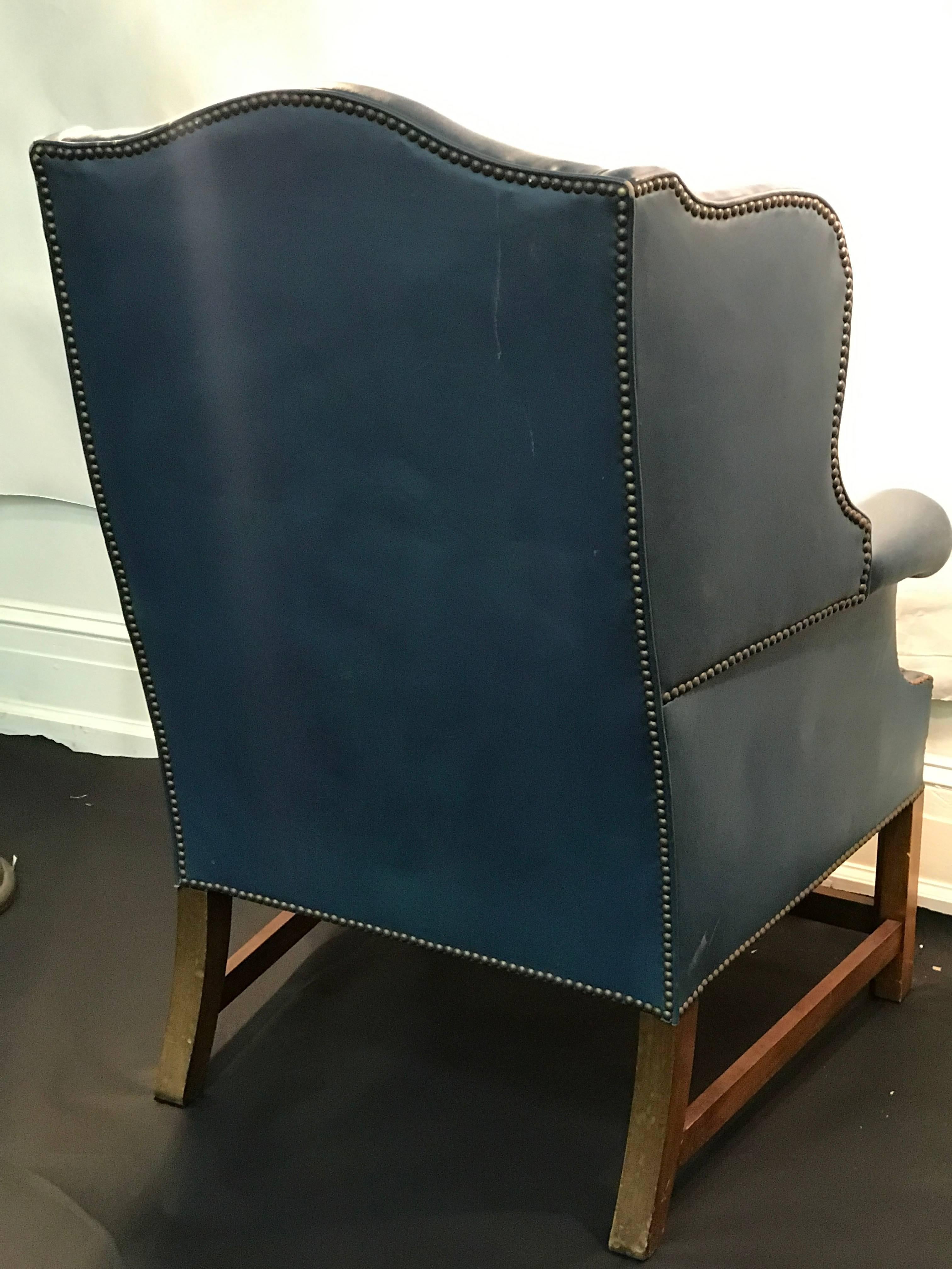 Wonderful Wingback Chair with Beautiful Blue Original Leather Upholstery For Sale 2