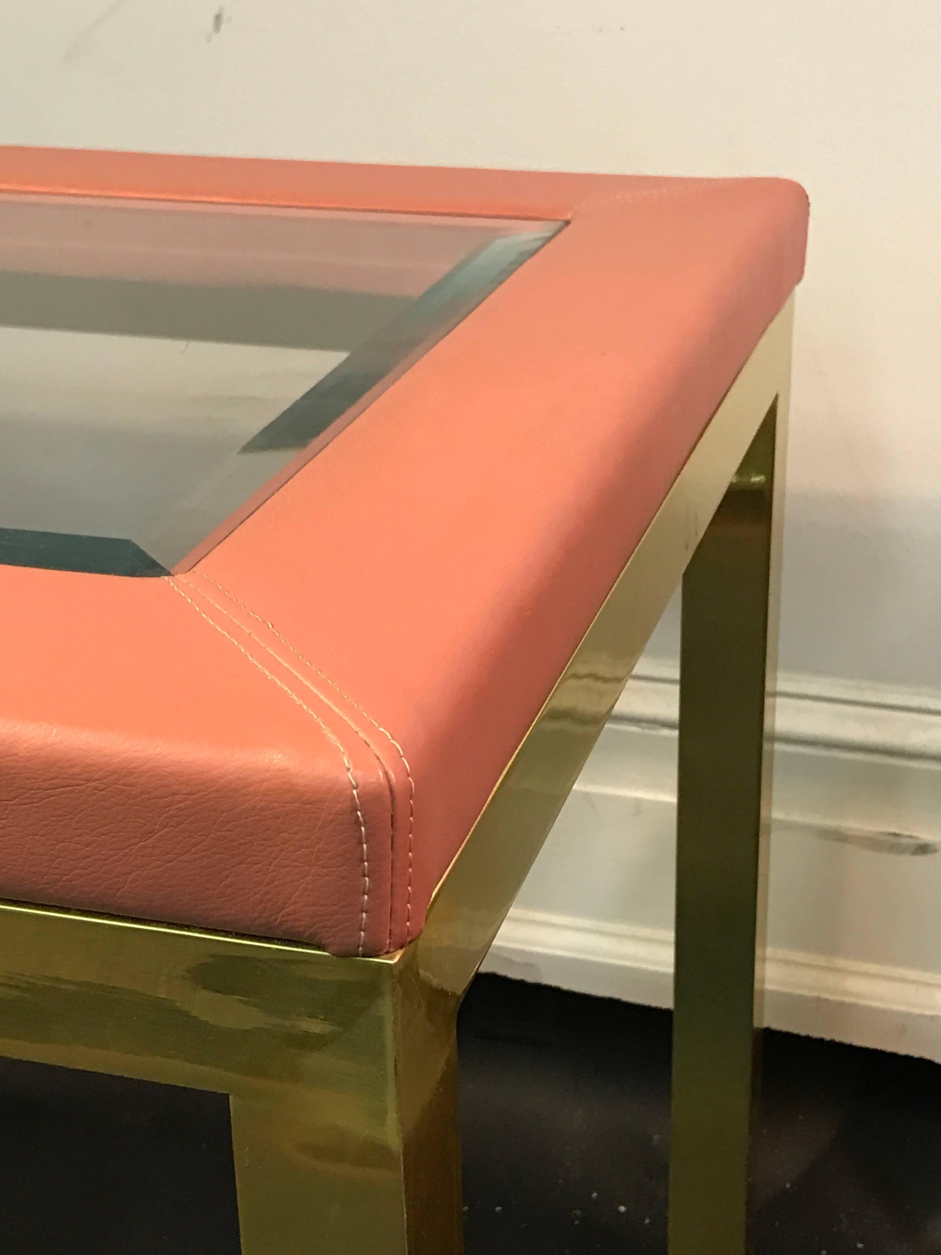 Pair of Brass Side Tables with Framed Pink Leather Top in the Manner of Springer For Sale 1