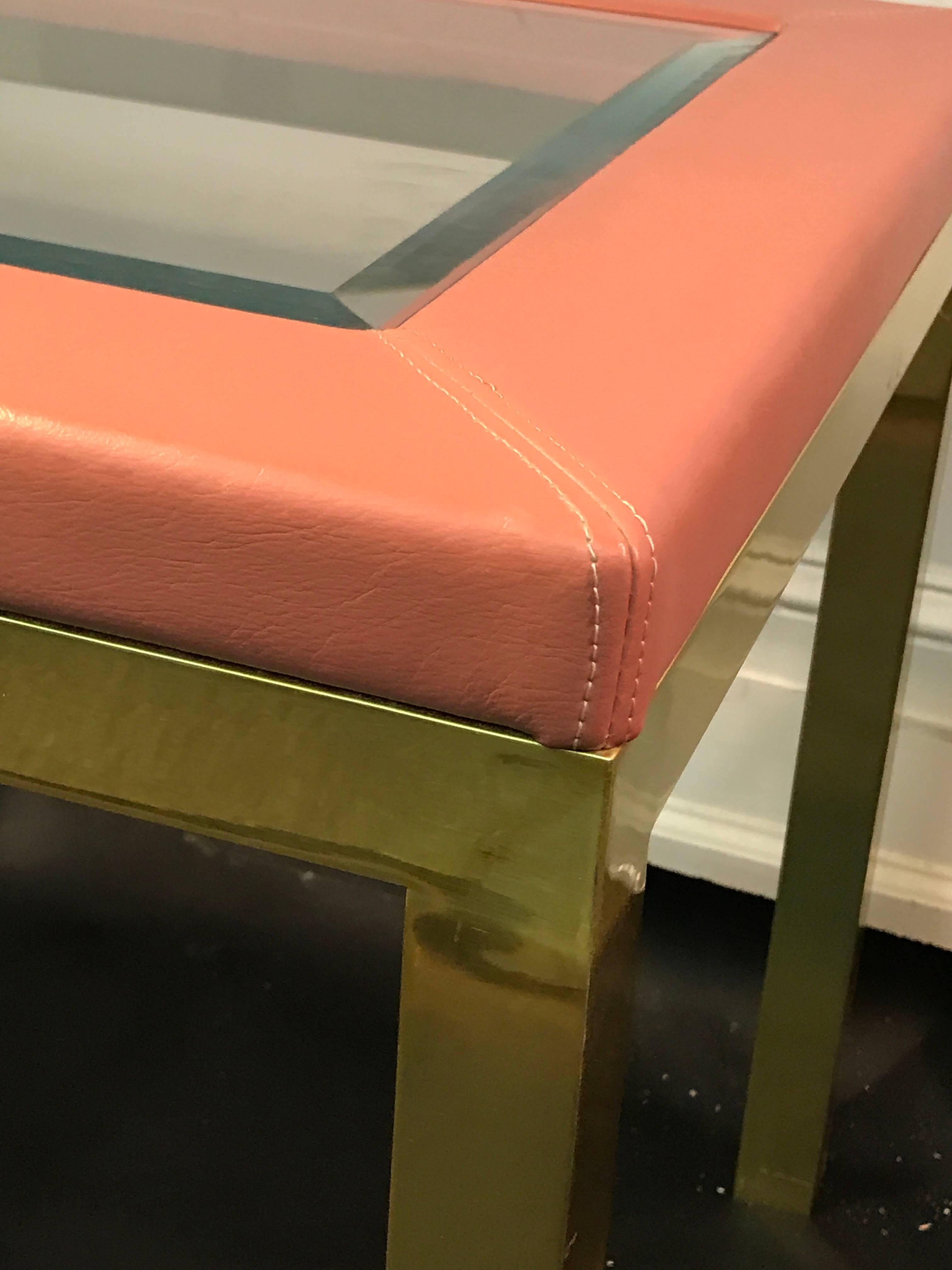 20th Century Pair of Brass Side Tables with Framed Pink Leather Top in the Manner of Springer For Sale