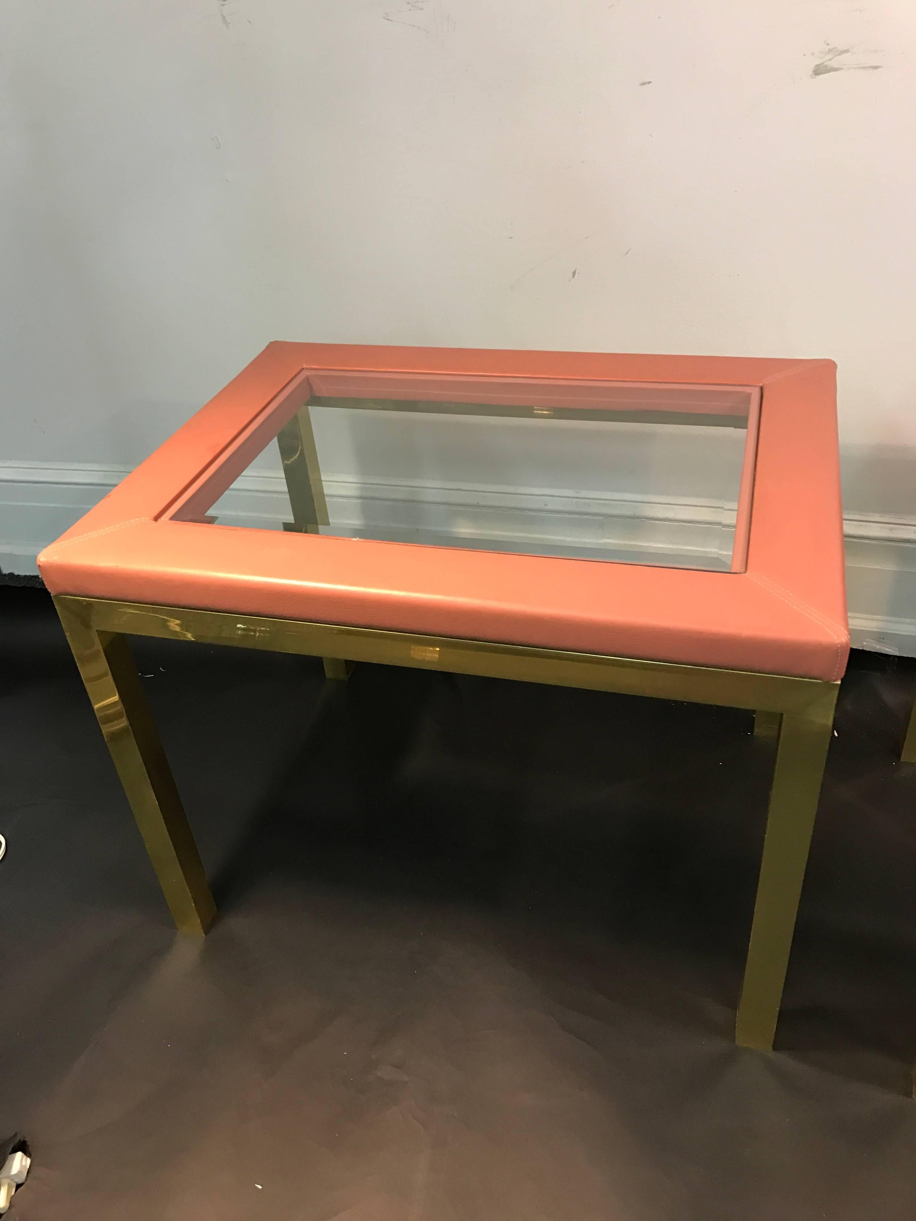 Modern Pair of Brass Side Tables with Framed Pink Leather Top in the Manner of Springer For Sale