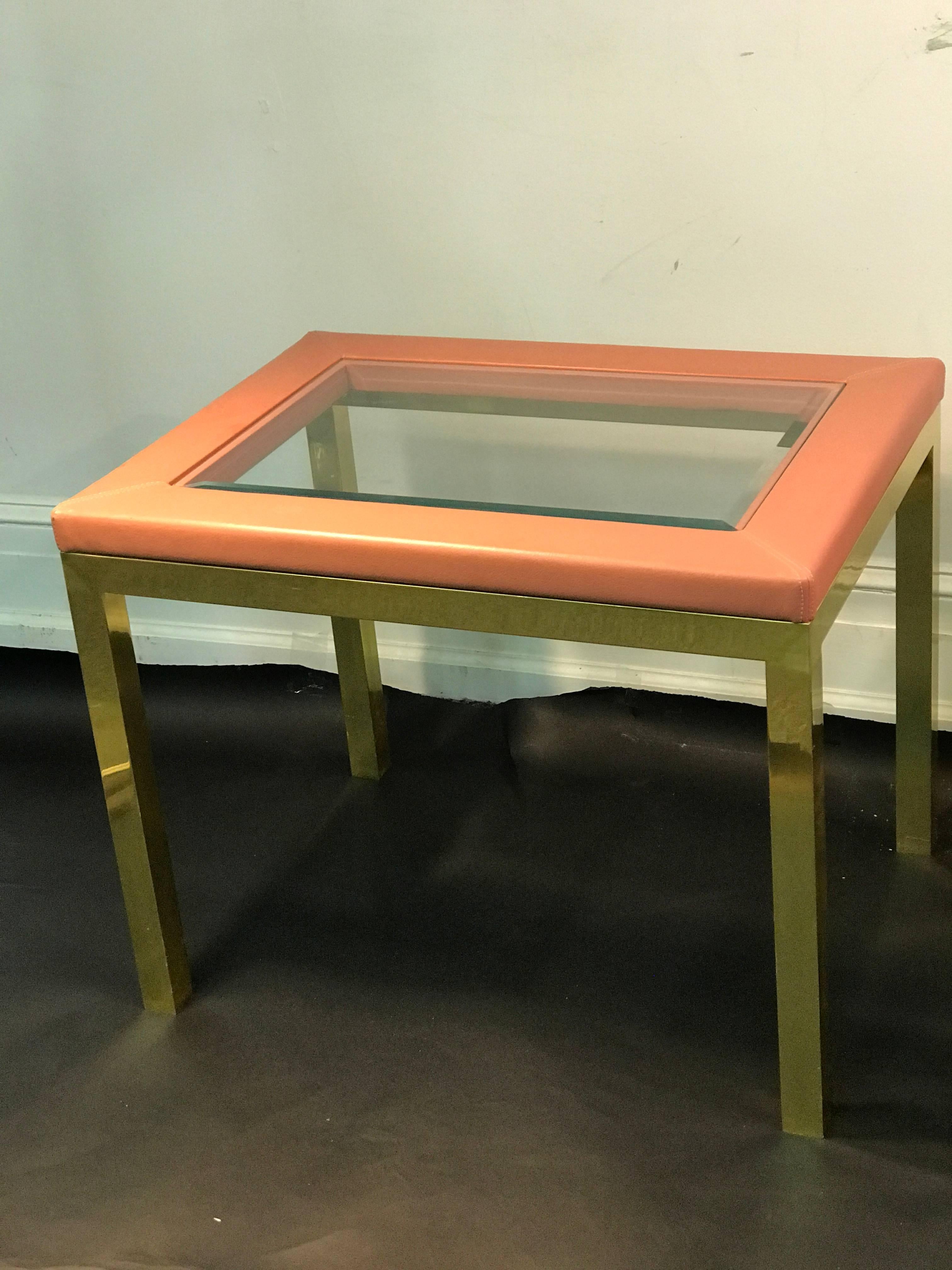 Italian Pair of Brass Side Tables with Framed Pink Leather Top in the Manner of Springer For Sale