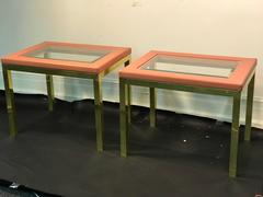 Pair of Brass Side Tables with Framed Pink Leather Top in the Manner of Springer