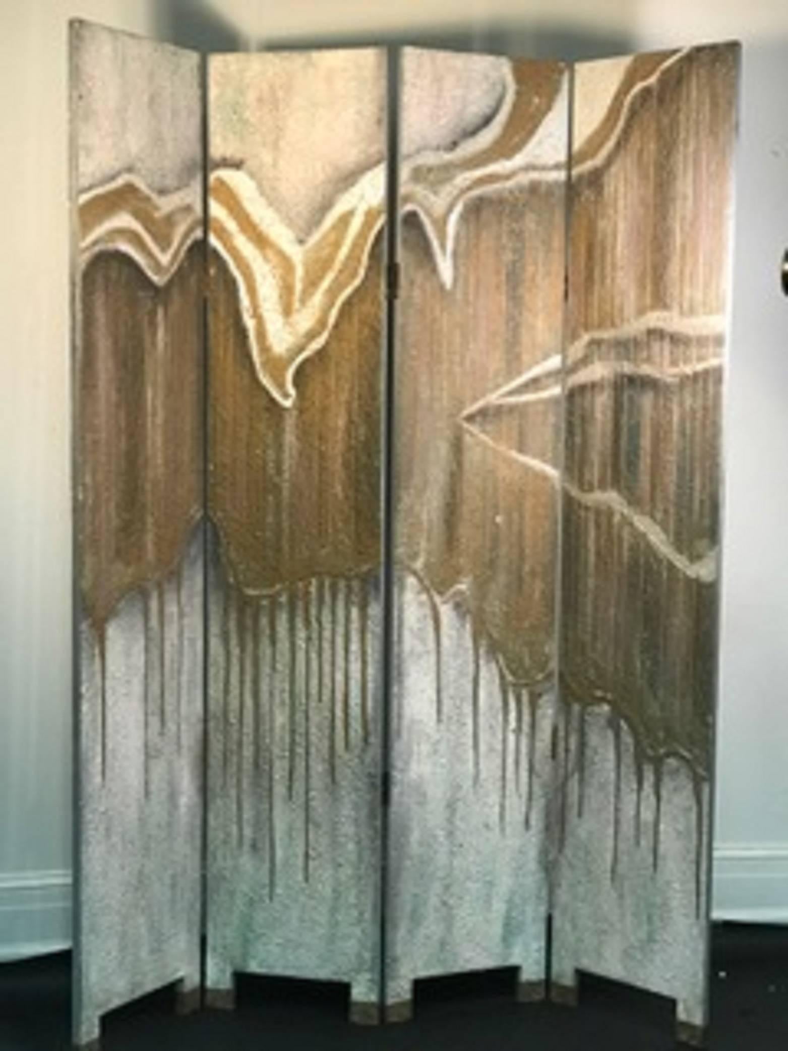 An exceptional French Art Deco four-panel screen with beautiful color, texture, and drip painting. Good vintage condition with some wear appropriate with age.