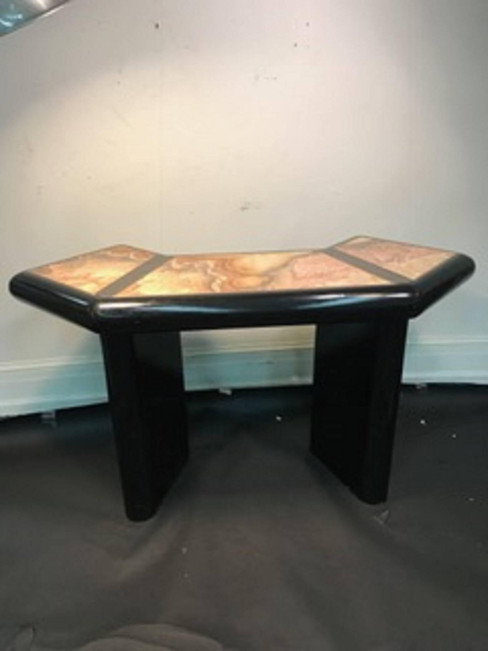 A beautiful, Italian, marble top console table with bronze accents in the manner of Alessandro Albrizzi, circa 1970. Good vintage condition with some wear appropriate with age.